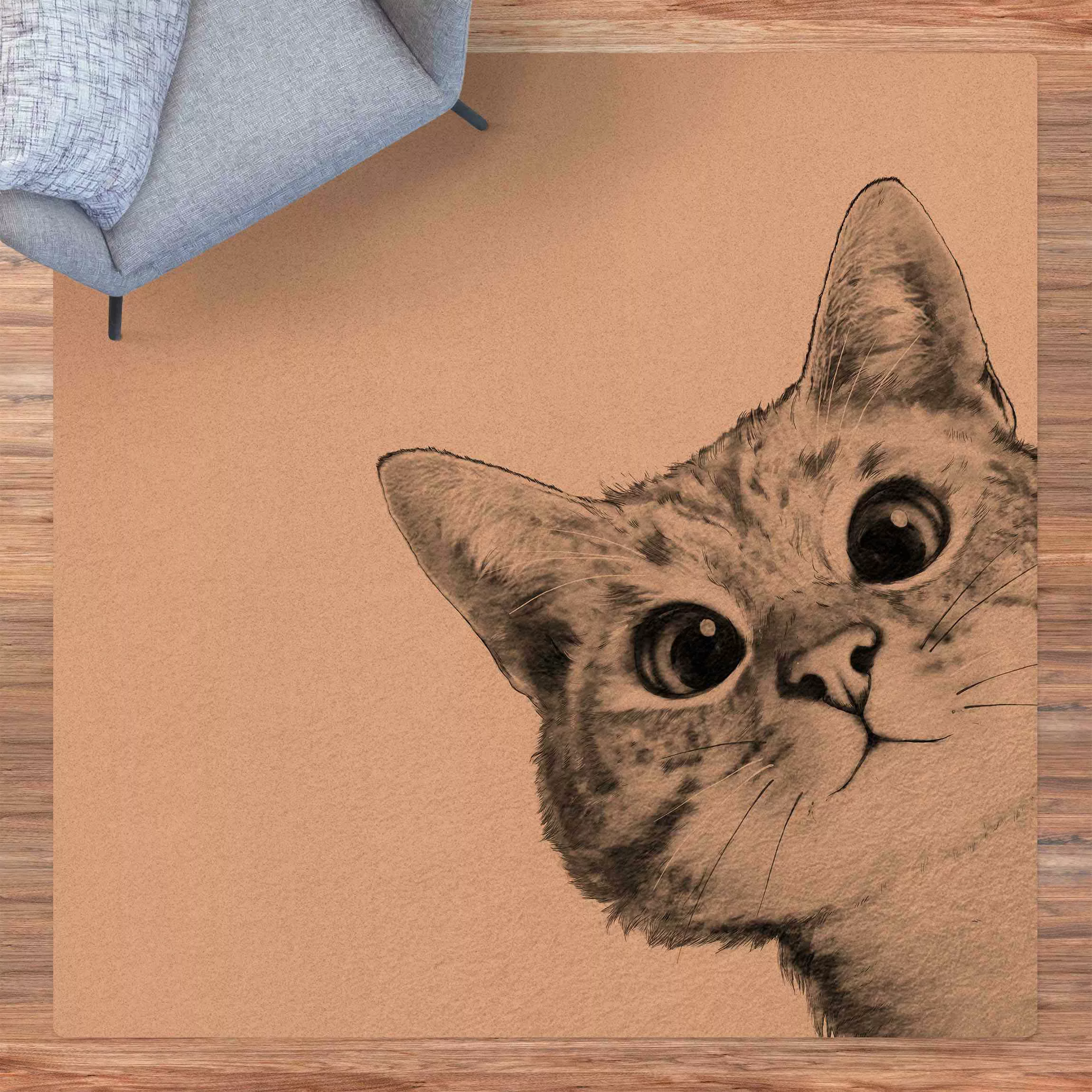 Kork-Teppich Illustration Katze Zeichnung Schwarz Weiß günstig online kaufen