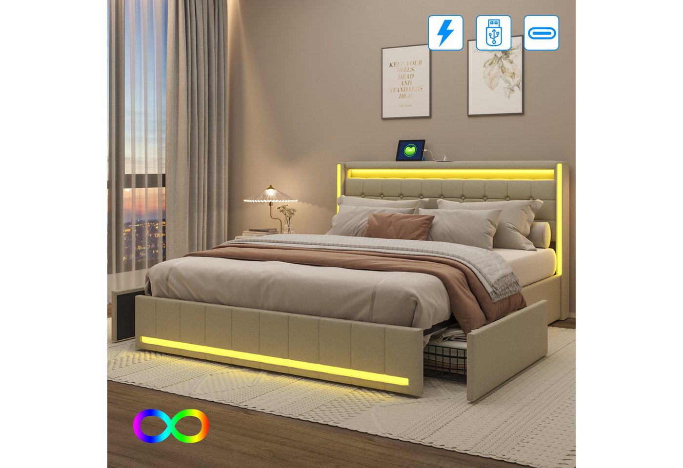 LuxeLiving Polsterbett LED Doppelbett (Inklusive USB-Typ-C-Ladeanschluss), günstig online kaufen