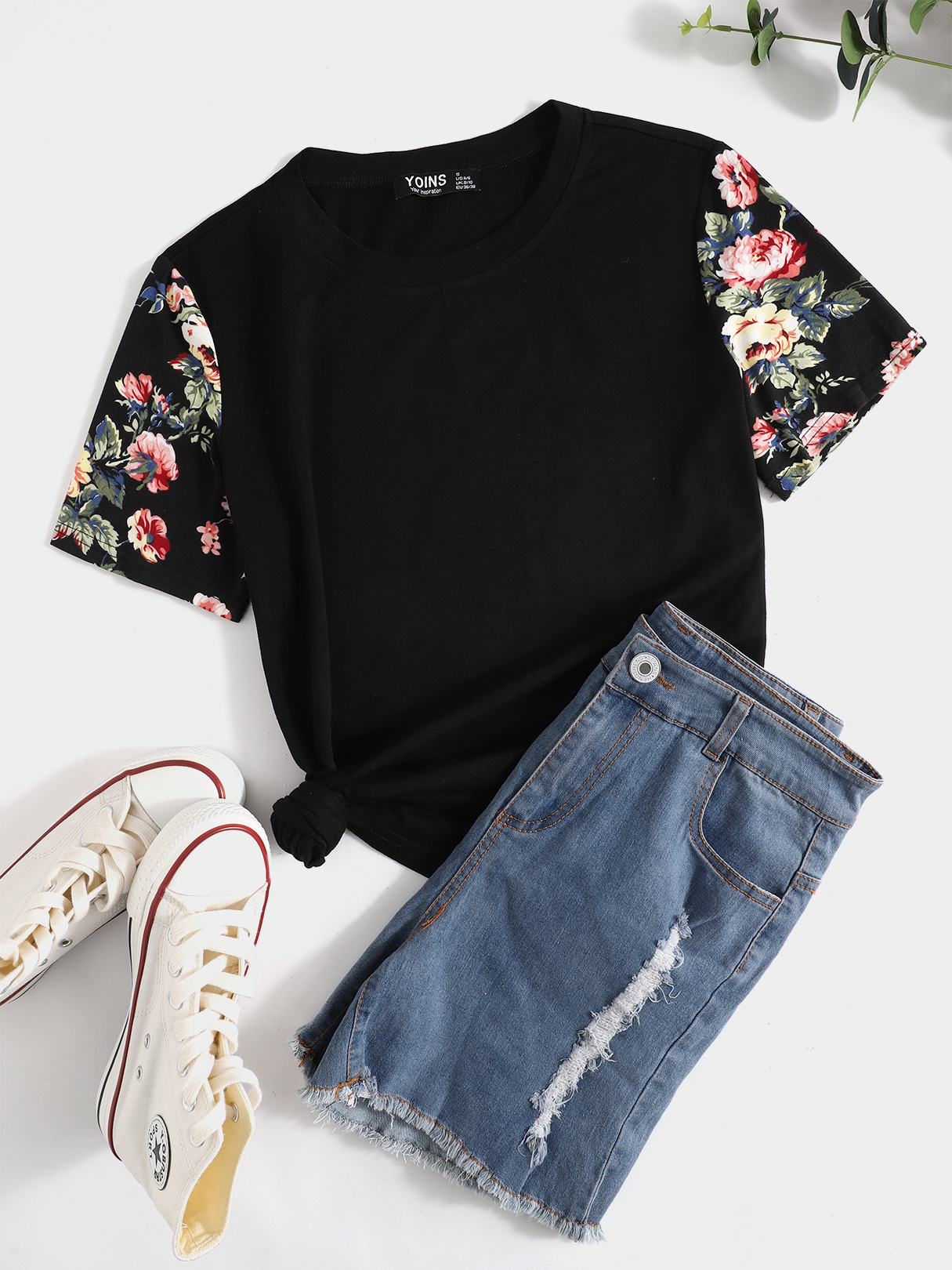 YOINS Random Floral Print Patchwork Rundhalsausschnitt T-Shirt mit kurzen Ä günstig online kaufen