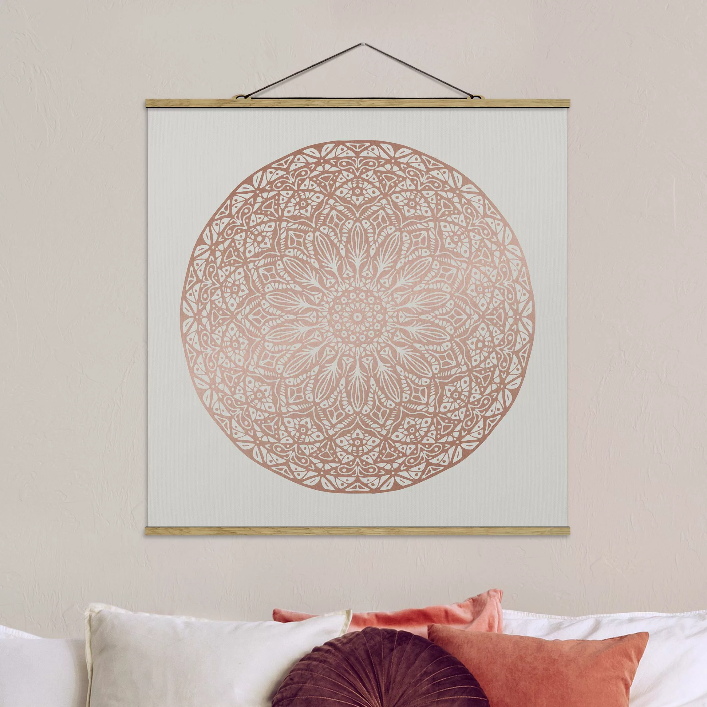 Stoffbild Mandala mit Posterleisten - Quadrat Mandala Ornament in Kupfergol günstig online kaufen