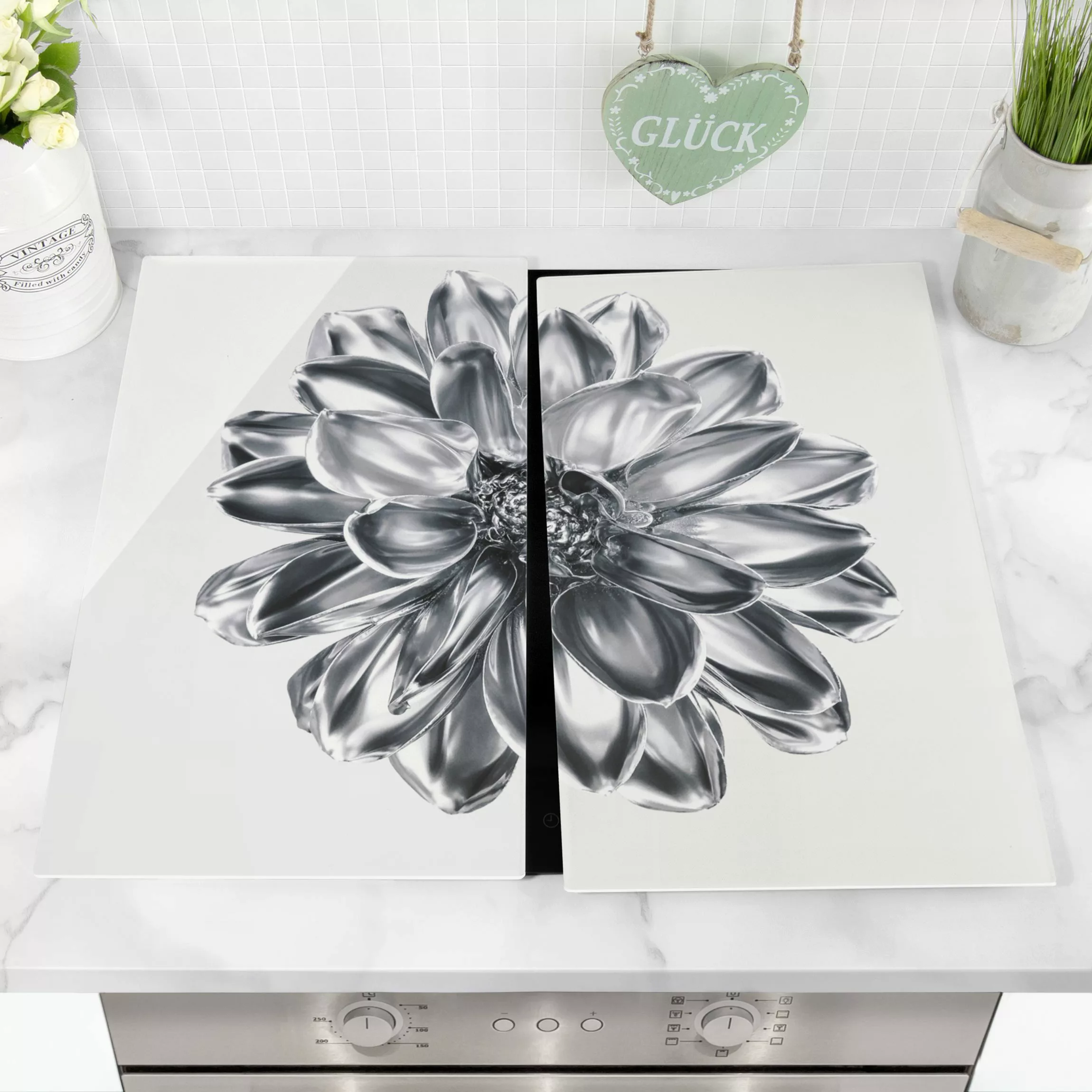 Herdabdeckplatte Blumen Dahlie Blume Silber Metallic günstig online kaufen