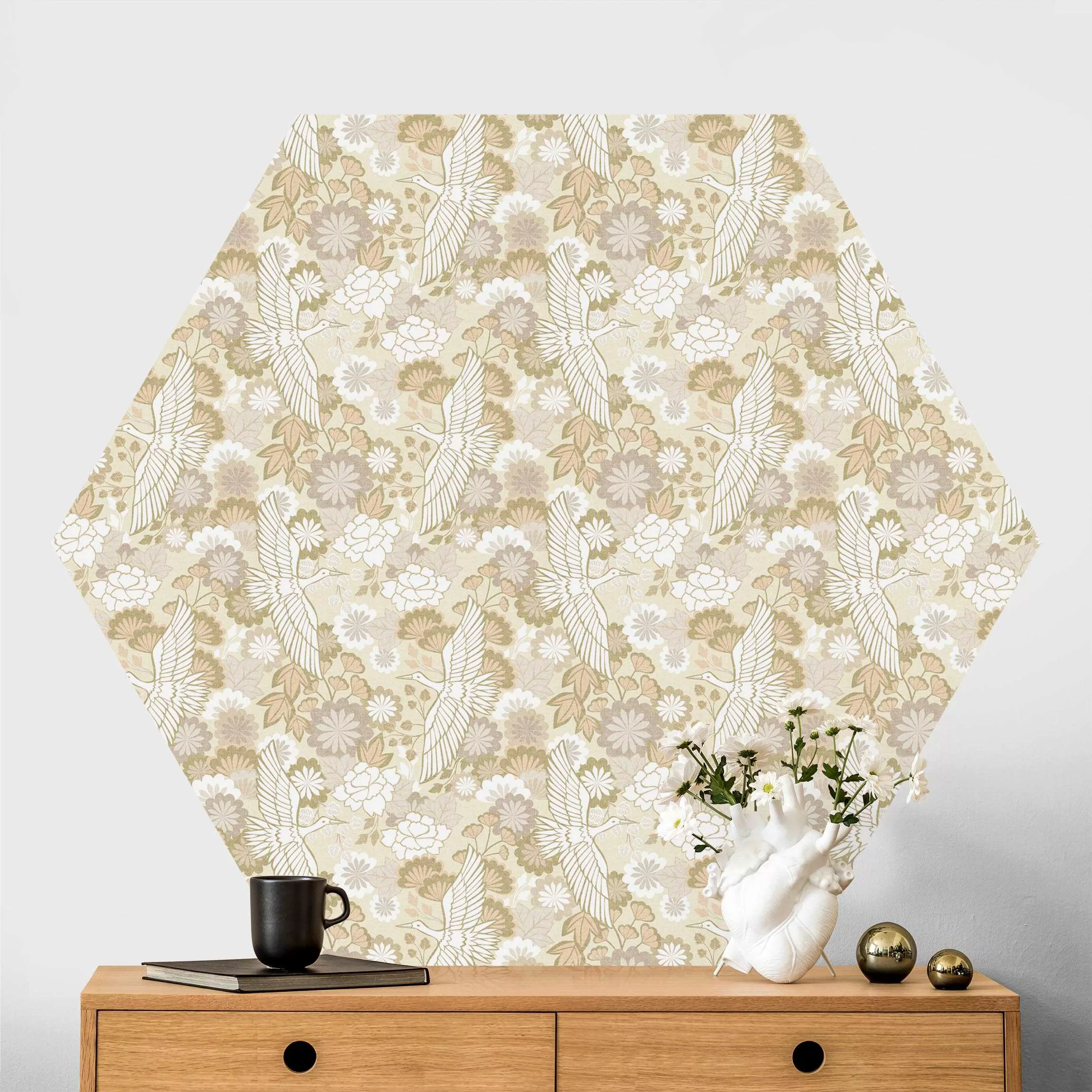Hexagon Tapete selbstklebend Kraniche und Chrysanthemen Beige günstig online kaufen