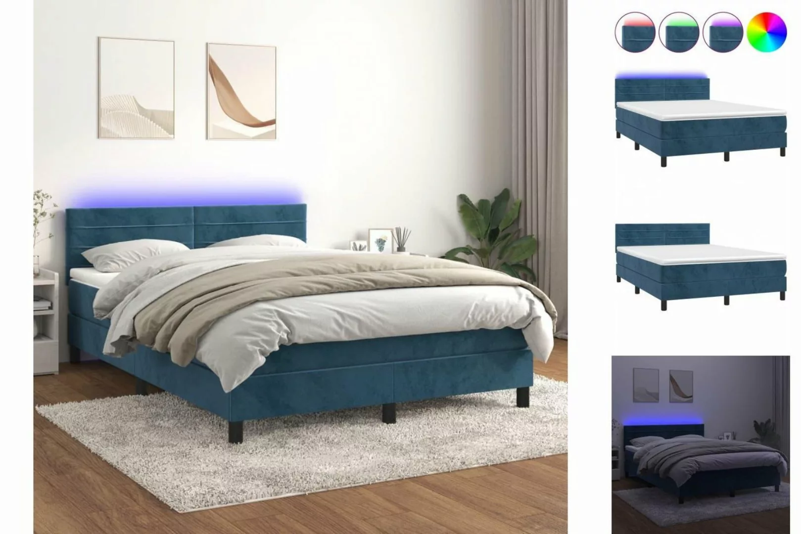 vidaXL Bettgestell Boxspringbett mit Matratze LED Dunkelblau 140x200 cm Sam günstig online kaufen