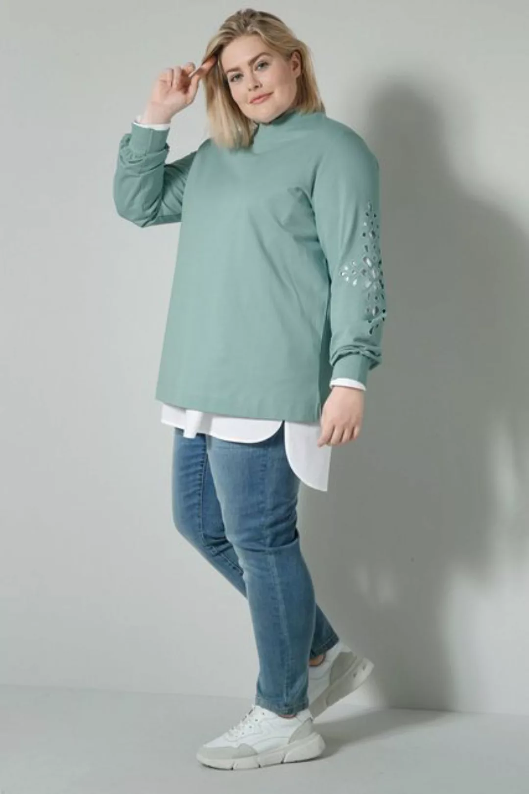 Sara Lindholm Sweatshirt Sweatshirt Rundhals Langarm mit Lochstickerei günstig online kaufen