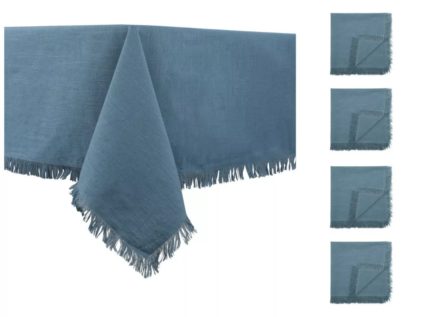Set Tischdecke + 4 Fransen-Servietten - Baumwolle - Blau - 140 x 240 cm - P günstig online kaufen