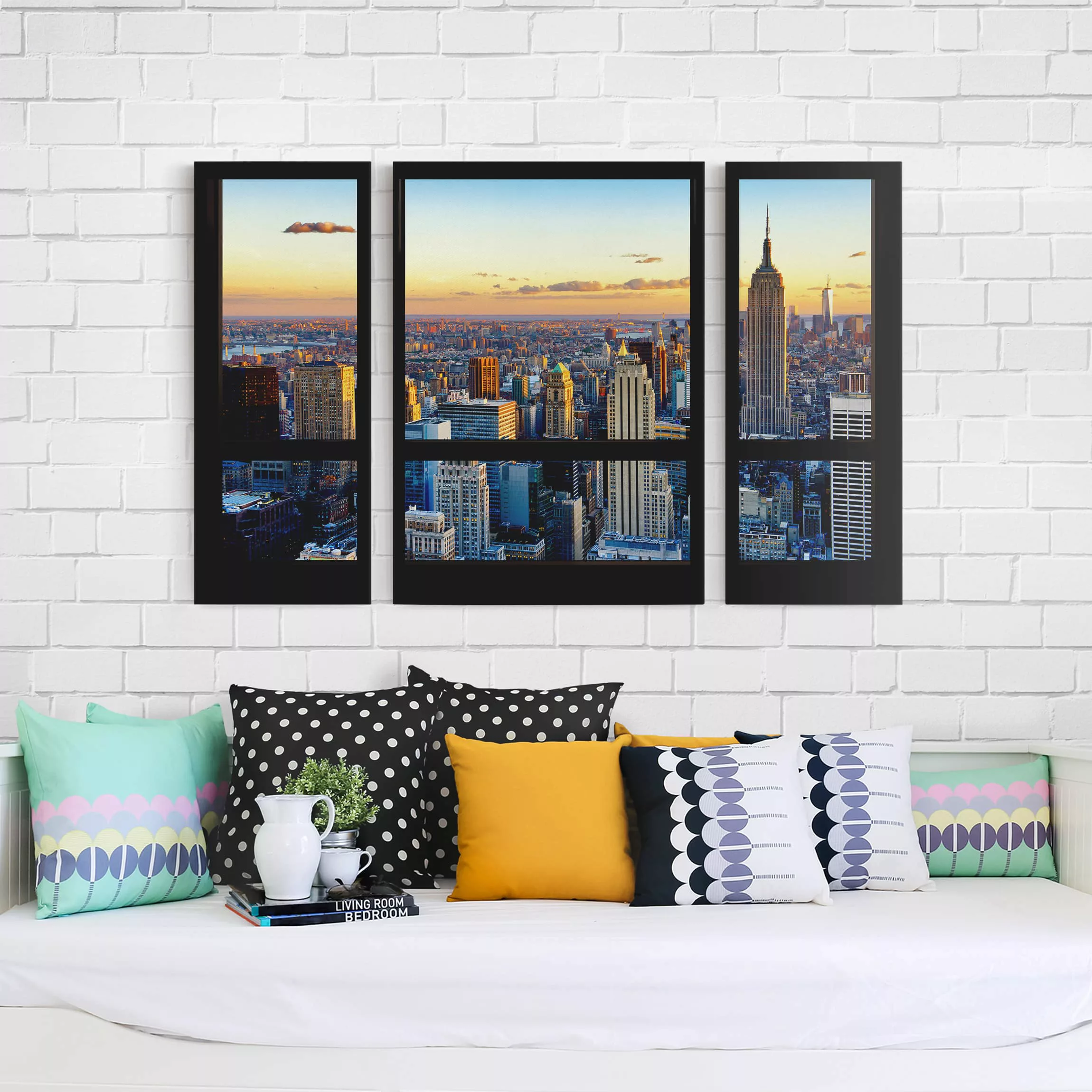 3-teiliges Leinwandbild Architektur & Skyline Fensterausblick - Sonnenaufga günstig online kaufen