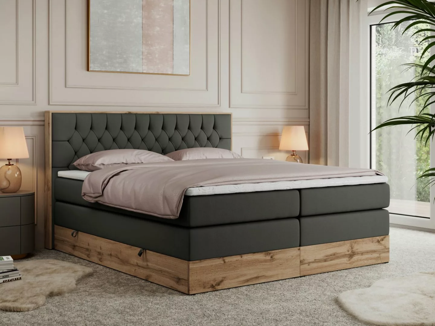 MKS MÖBEL Boxspringbett AMORE KING (Set, Holzrahmen in Eiche-Optik, Topper günstig online kaufen