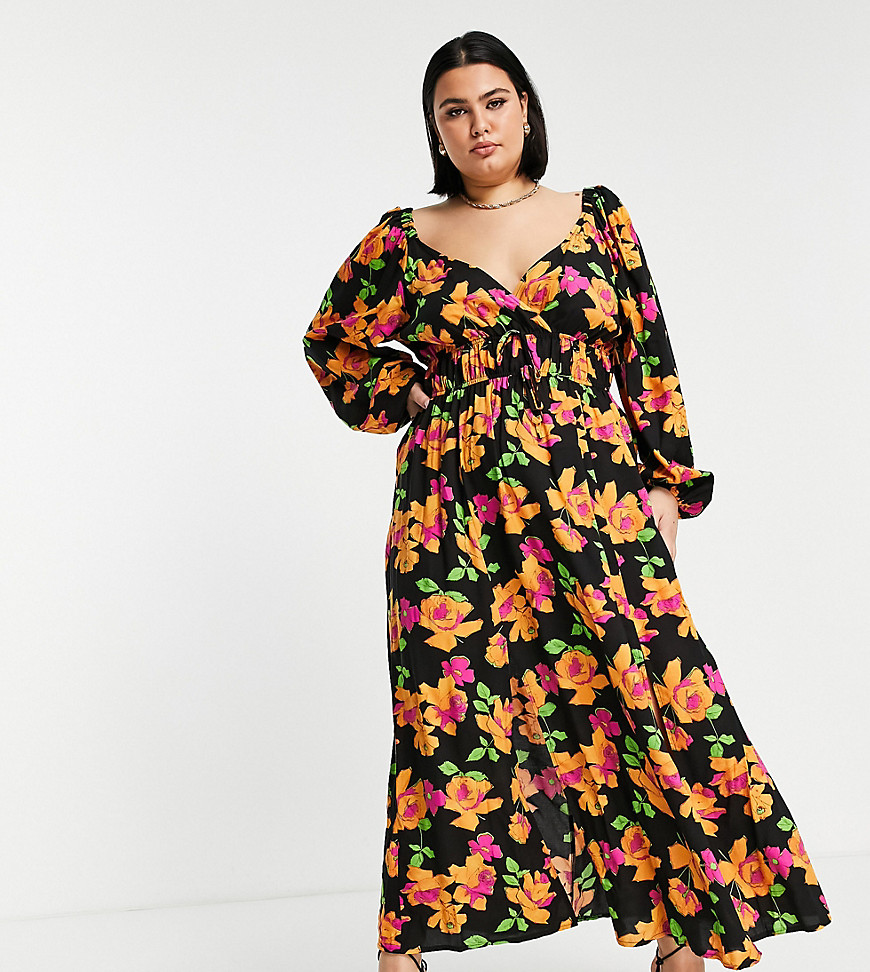 ASOS DESIGN Curve – Maxi-Freizeitkleid mit geraffter Taille und Blumenmuste günstig online kaufen