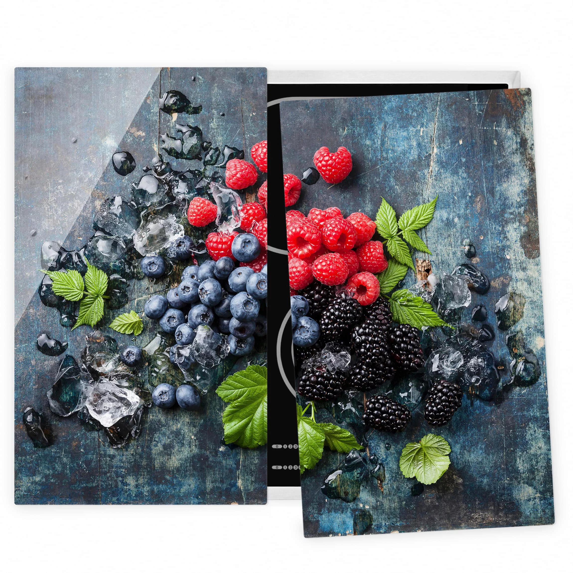 2-teilige Herdabdeckplatte Glas Kulinarisch Beerenmischung mit Eiswürfeln H günstig online kaufen