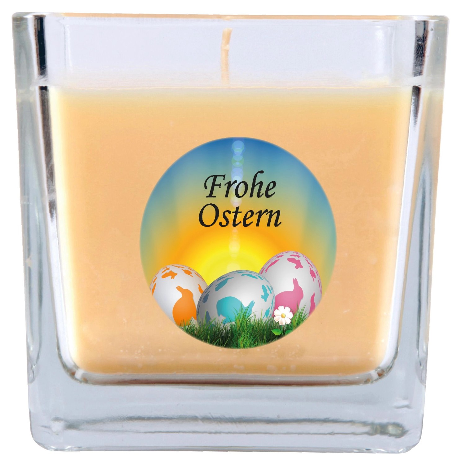 HS Candle Duftkerze & Glas Frohe Ostern Viereck 8 x 7,5cm Vanille Ostereier günstig online kaufen