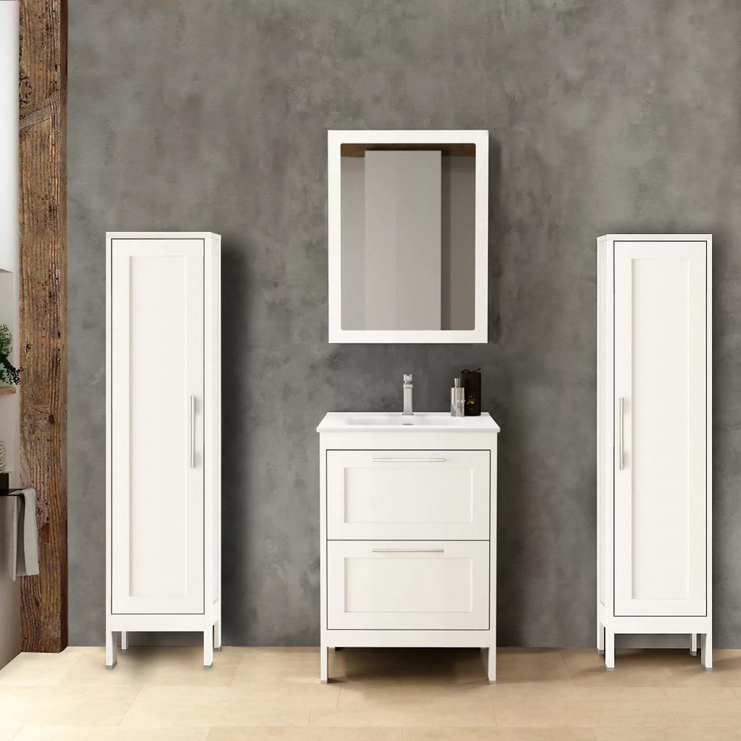Badezimmermöbel Set mit 2 Hochschränken & Spiegel TARIFA-110 matt weiß Land günstig online kaufen