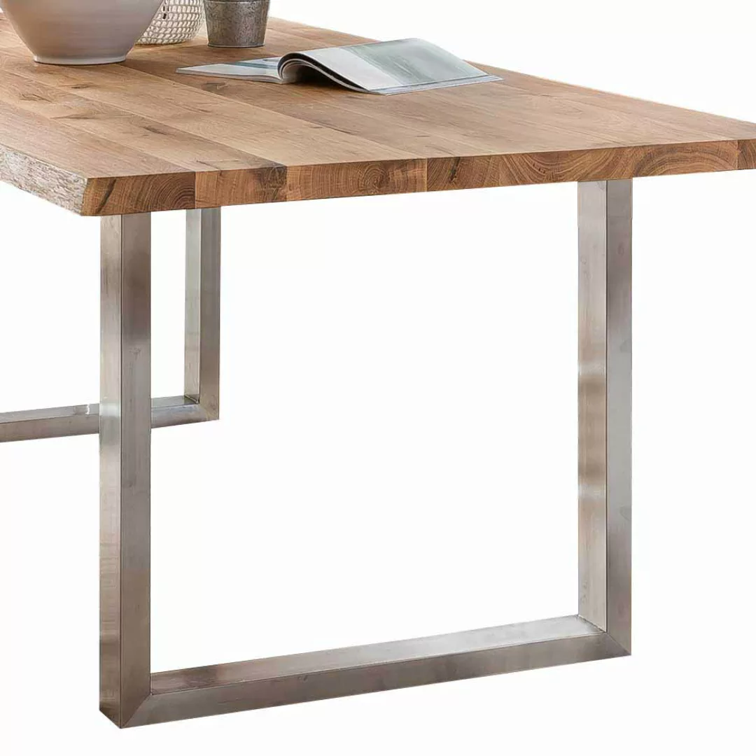 Esszimmertisch mit Bügelgestell aus Edelstahl Baumkante günstig online kaufen
