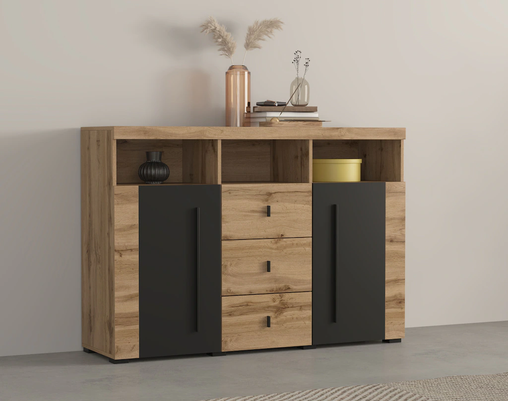INOSIGN Sideboard "Roger,Breite 132cm, stilvolle Schrank, 2 Holztüren 3 Sch günstig online kaufen