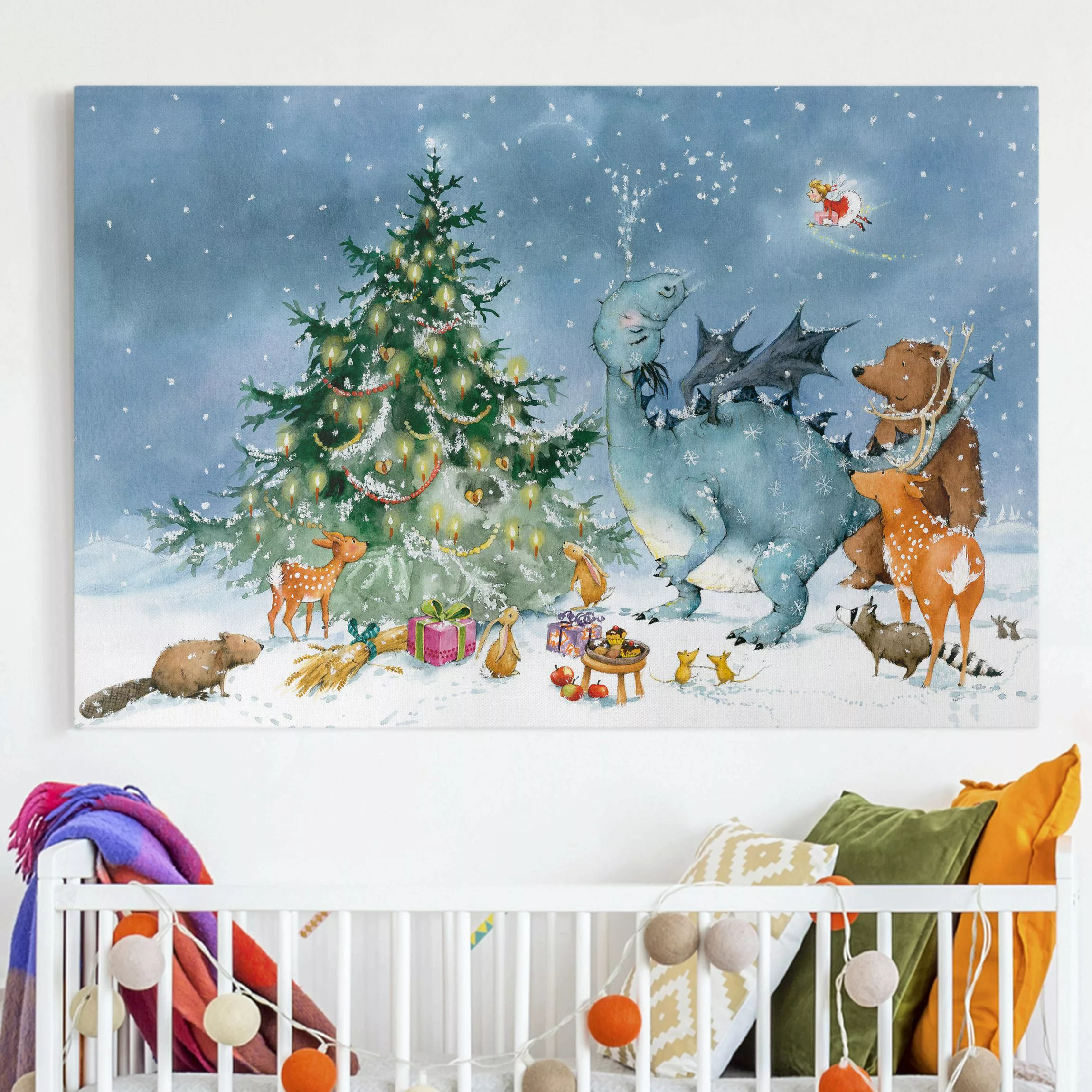 Leinwandbild Kinderzimmer - Querformat Wassili Waschbär - Das Weihnachtsfes günstig online kaufen