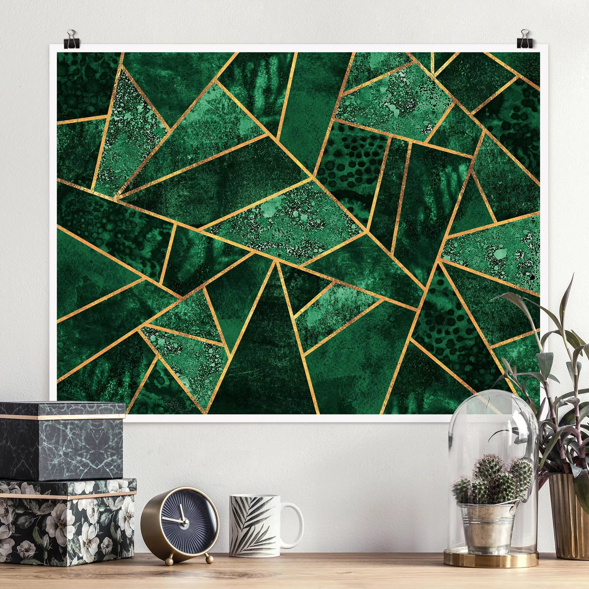 Poster Abstrakt - Querformat Dunkler Smaragd mit Gold günstig online kaufen