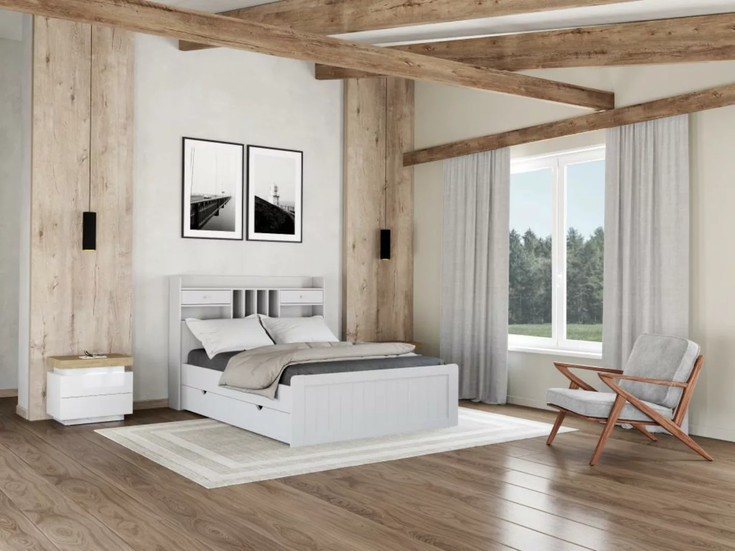 Bett mit Stauraum & Schubladen + Lattenrost - 140 x 190 cm - Kiefer - Weiß günstig online kaufen