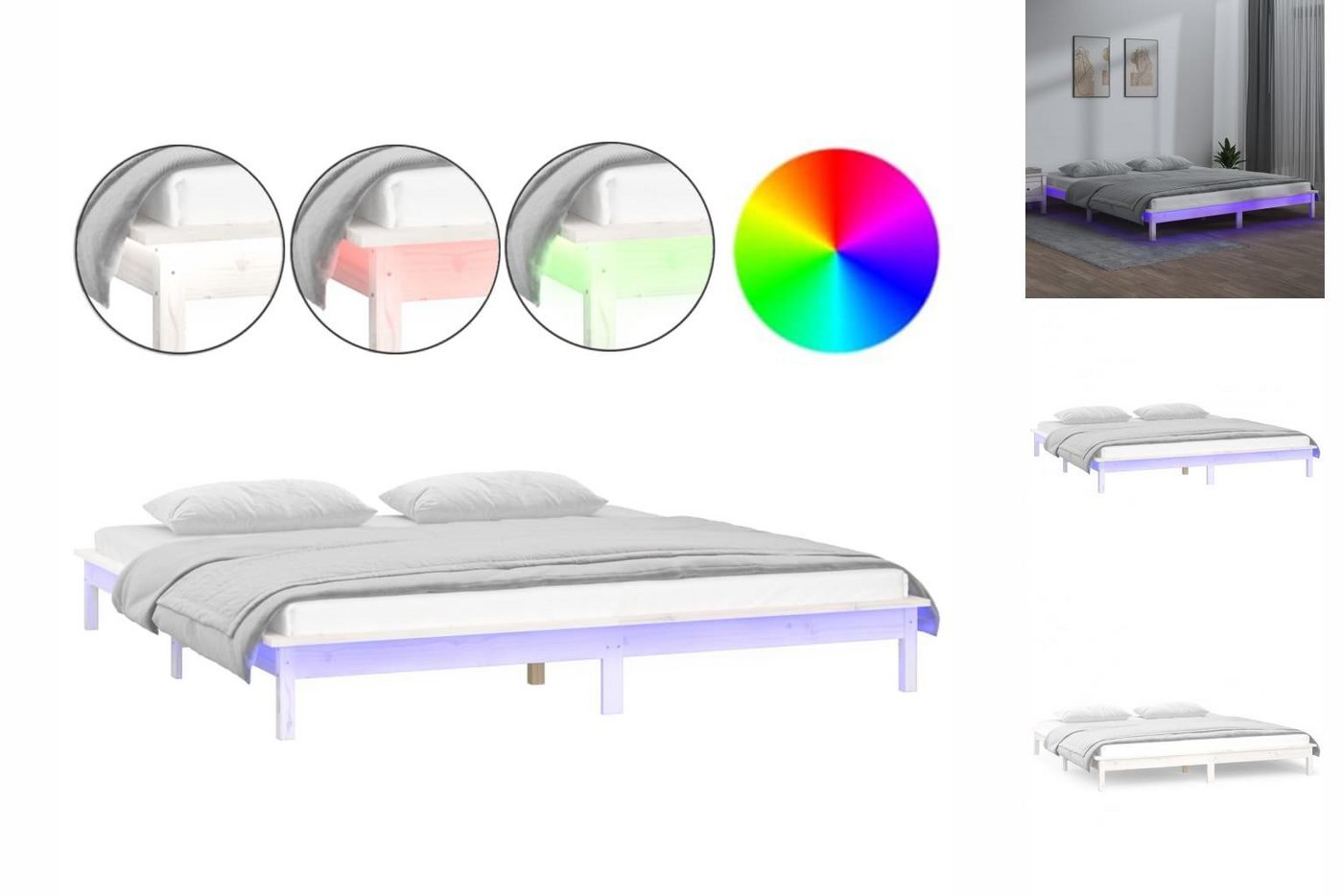 vidaXL Bettgestell Massivholzbett mit LEDs Weiß 200x200 cm Bett Bettrahmen günstig online kaufen