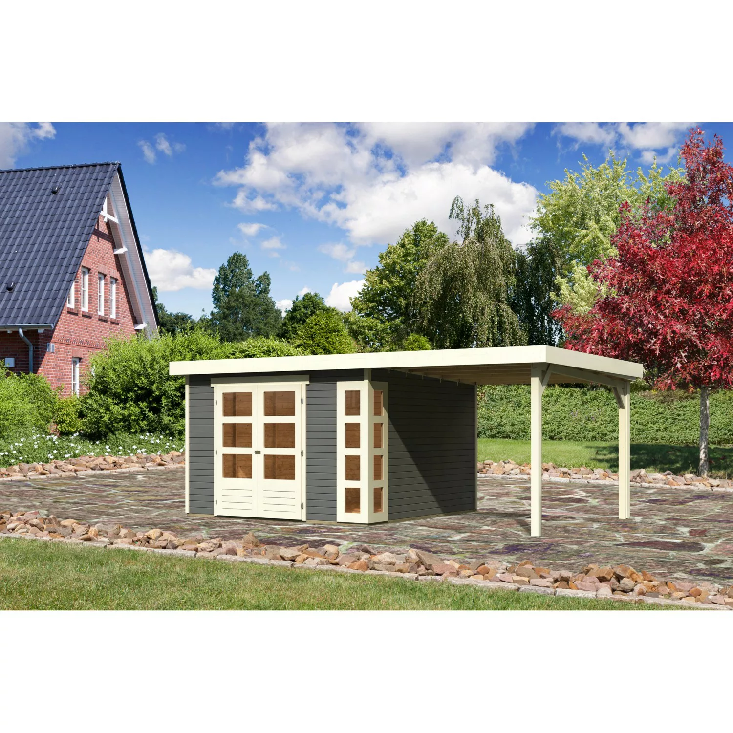 Karibu Gartenhaus/Gerätehaus Sölve 6 Terragrau 302 cm x 306 cm mit Anbaudac günstig online kaufen