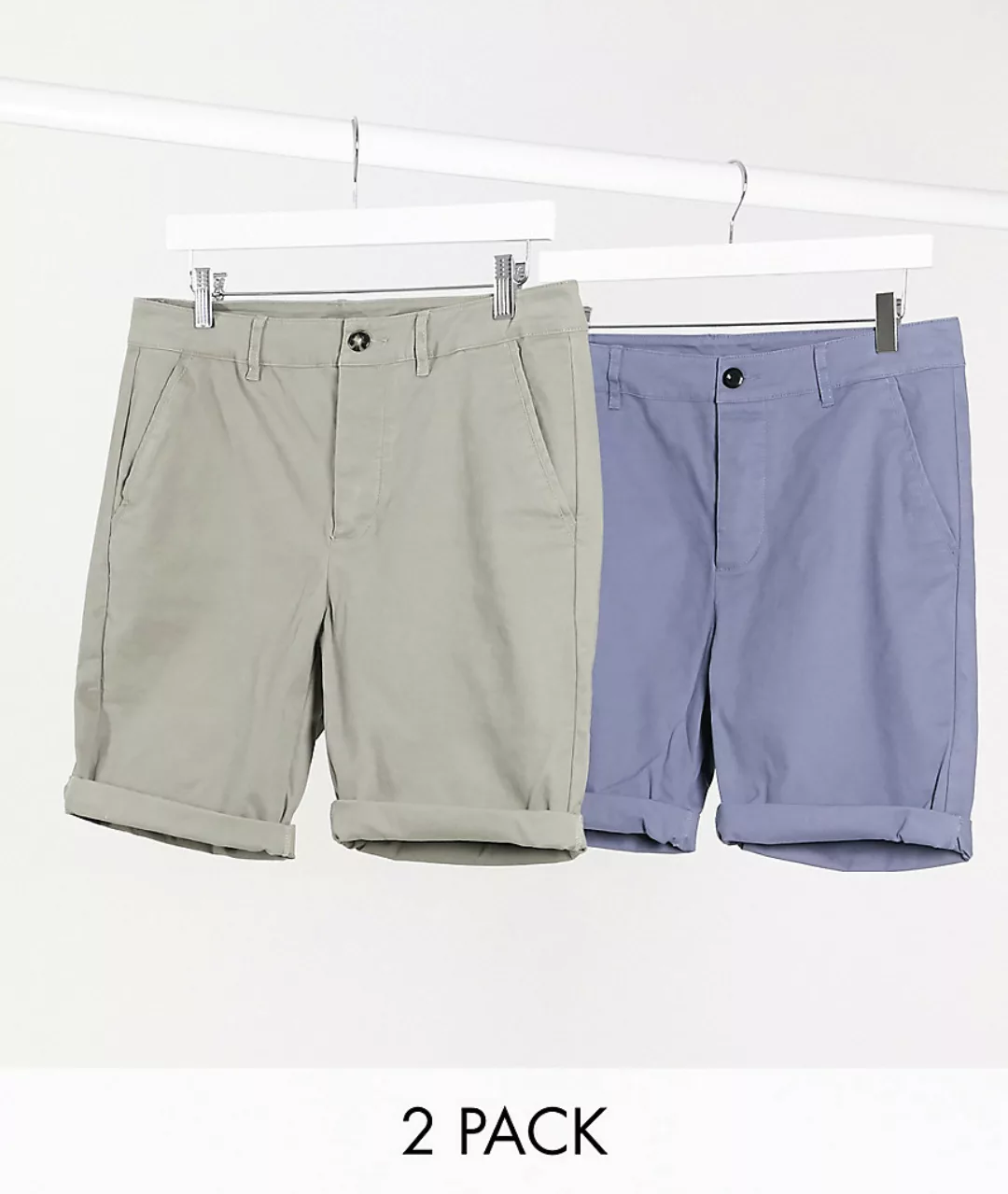 ASOS DESIGN – 2er-Pack super eng geschnittene Chino-Shorts in Khaki und Bla günstig online kaufen
