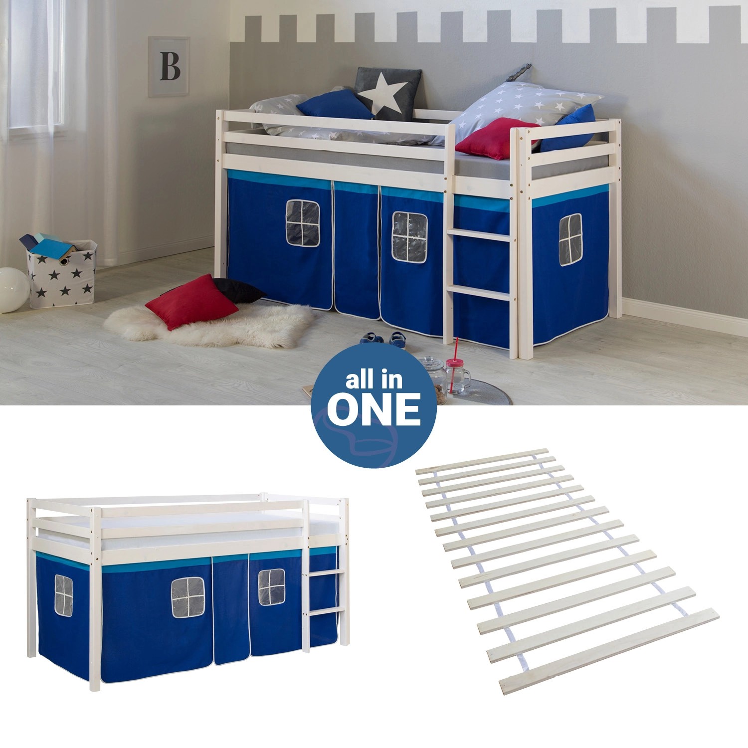Homestyle4u Hochbett 90x200 mit Vorhang Lattenrost und Matratze in Weiß 256 günstig online kaufen