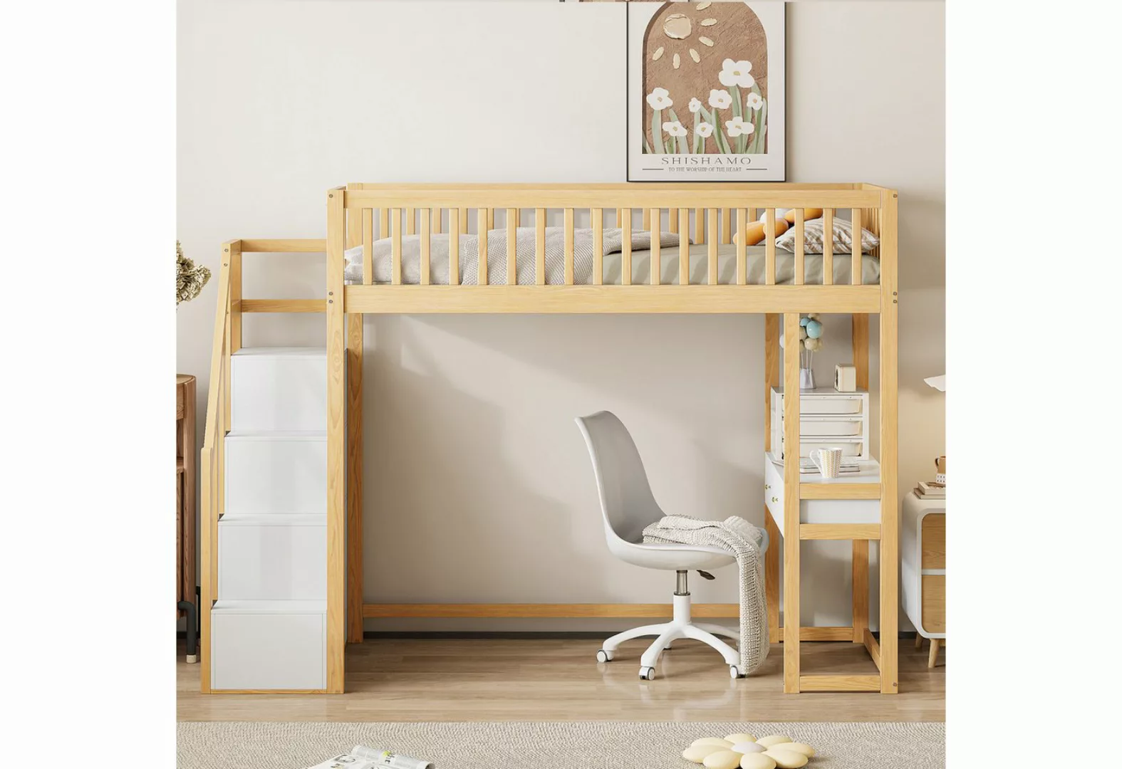 WISHDOR Kinderbett Kinder-Hochbett 90x200 cm, Hochbett Stauraumbett (Mit Mu günstig online kaufen