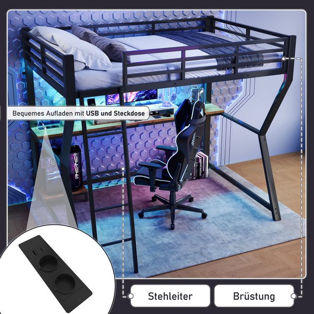 Flieks Hochbett LED Metallbett 90x200cm mit Schreibtisch und Aufladenfunkti günstig online kaufen