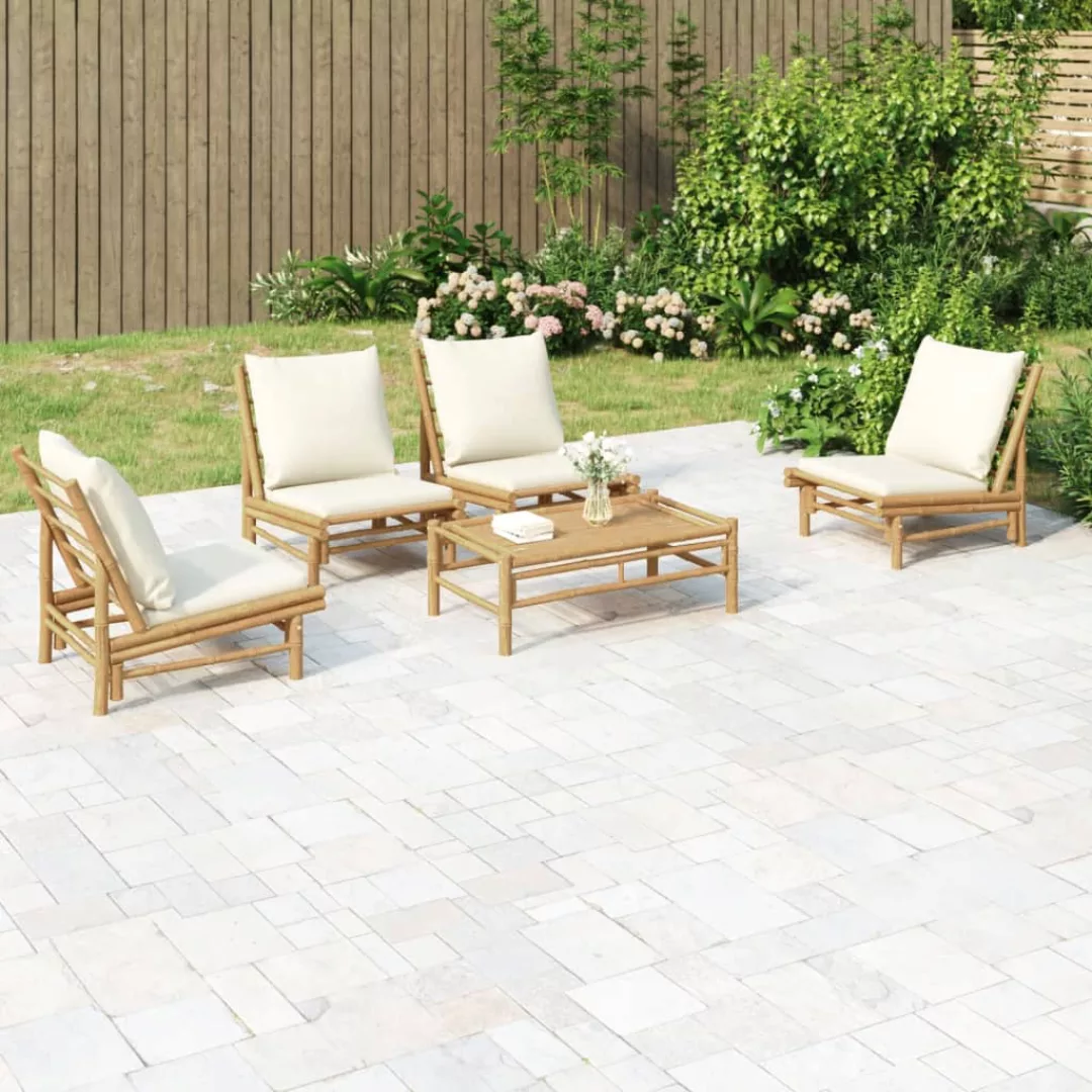 Vidaxl 5-tlg. Garten-lounge-set Mit Cremeweißen Kissen Bambus günstig online kaufen