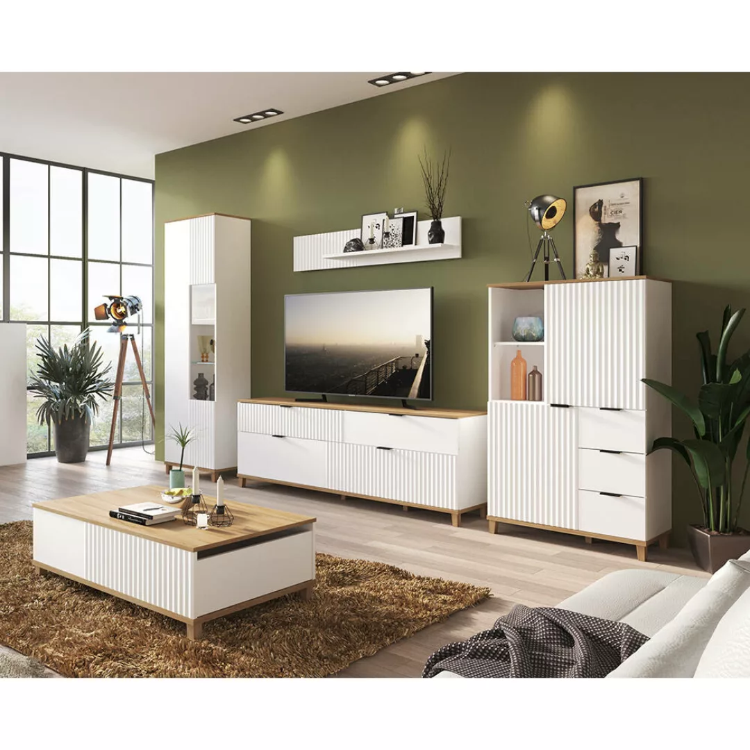 Wohnzimmer Wohnwand mit Couchtisch PLYMOUTH-129 in weiß mit Eiche Nb., B/H/ günstig online kaufen
