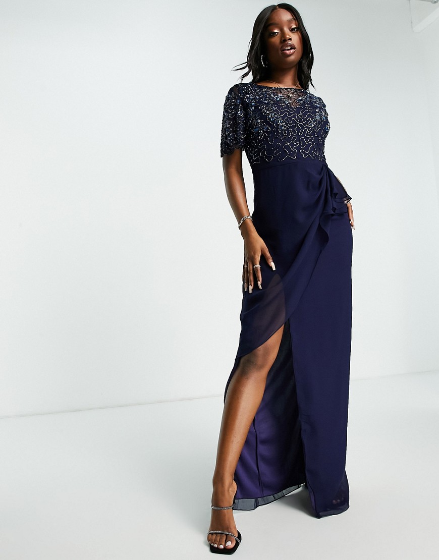 Virgos Lounge – Ariann – Midaxi-Kleid in Marineblau mit gewickelter Vorders günstig online kaufen