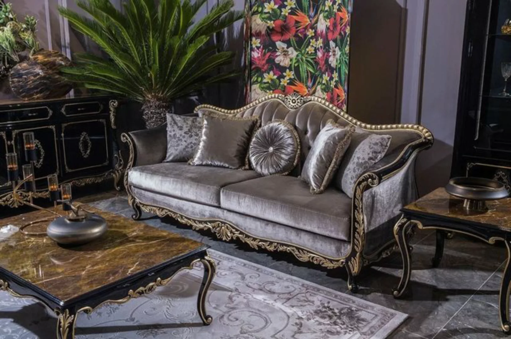 Casa Padrino Sofa Luxus Barock Sofa Silber / Schwarz / Gold 220 x 88 x H. 1 günstig online kaufen