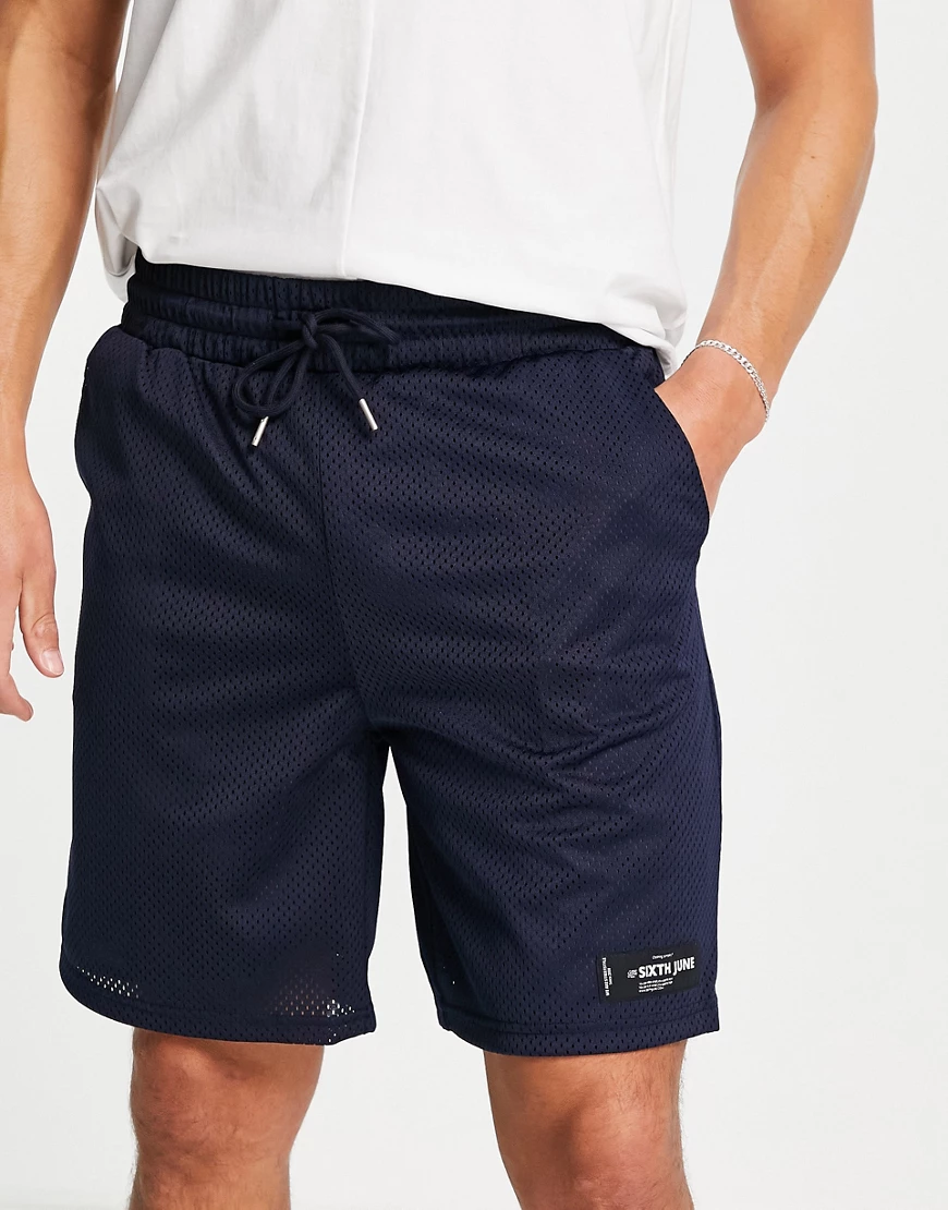 Sixth June – Shorts aus Netzstoff in Marineblau mit Logoprint günstig online kaufen