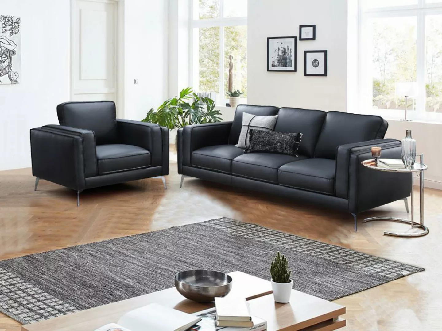 Sofagarnitur 3-Sitzer & Sessel - Leder - Schwarz - LECCO günstig online kaufen