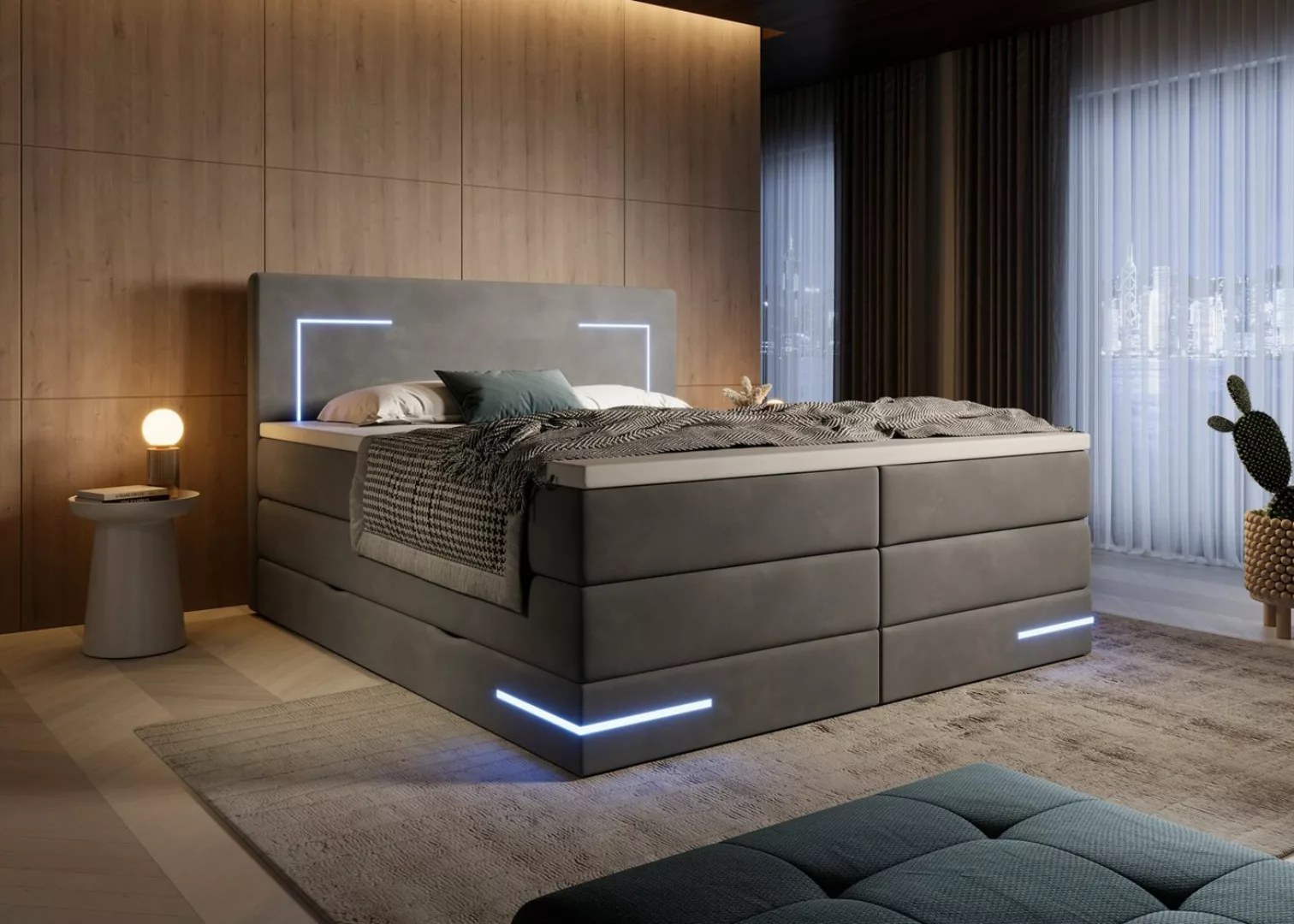 wonello Boxspringbett Detroit, mit LED Beleuchtung, Bettkasten und Topper günstig online kaufen