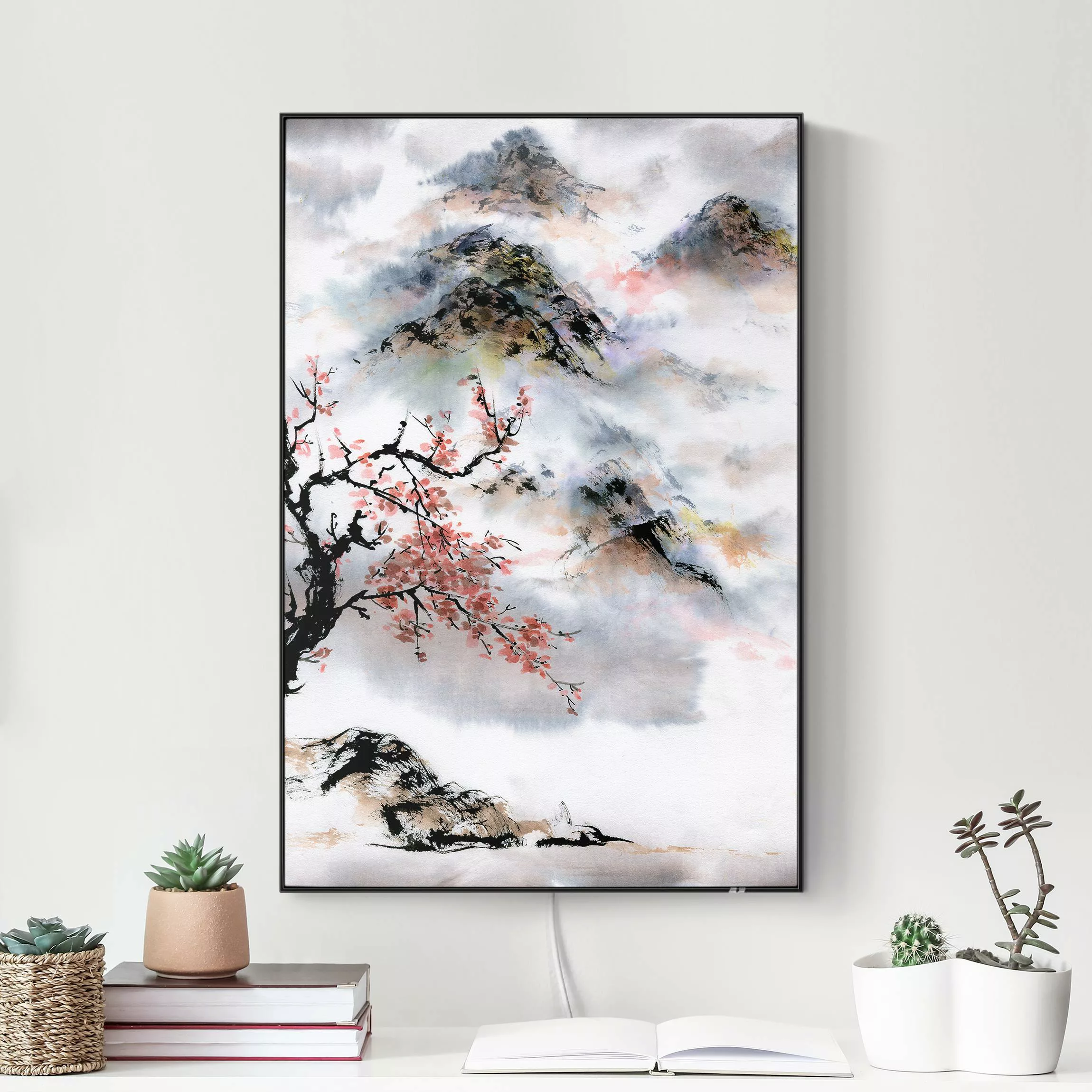 LED-Wechselbild Japanische Aquarell Zeichnung Kirschbaum und Berge günstig online kaufen