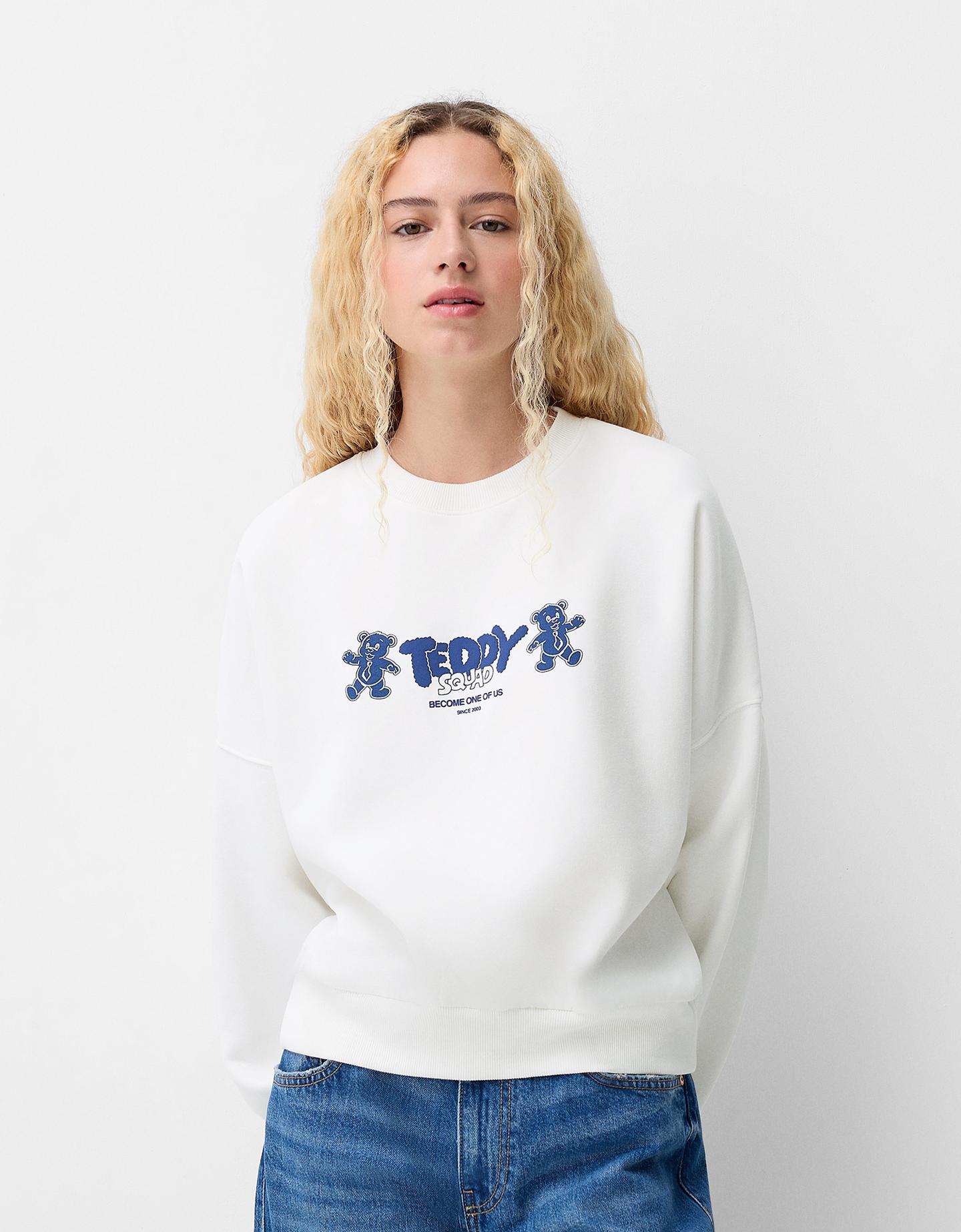 Bershka Sweatshirt Mit Print Damen 10-12 Grbrochenes Weiss günstig online kaufen