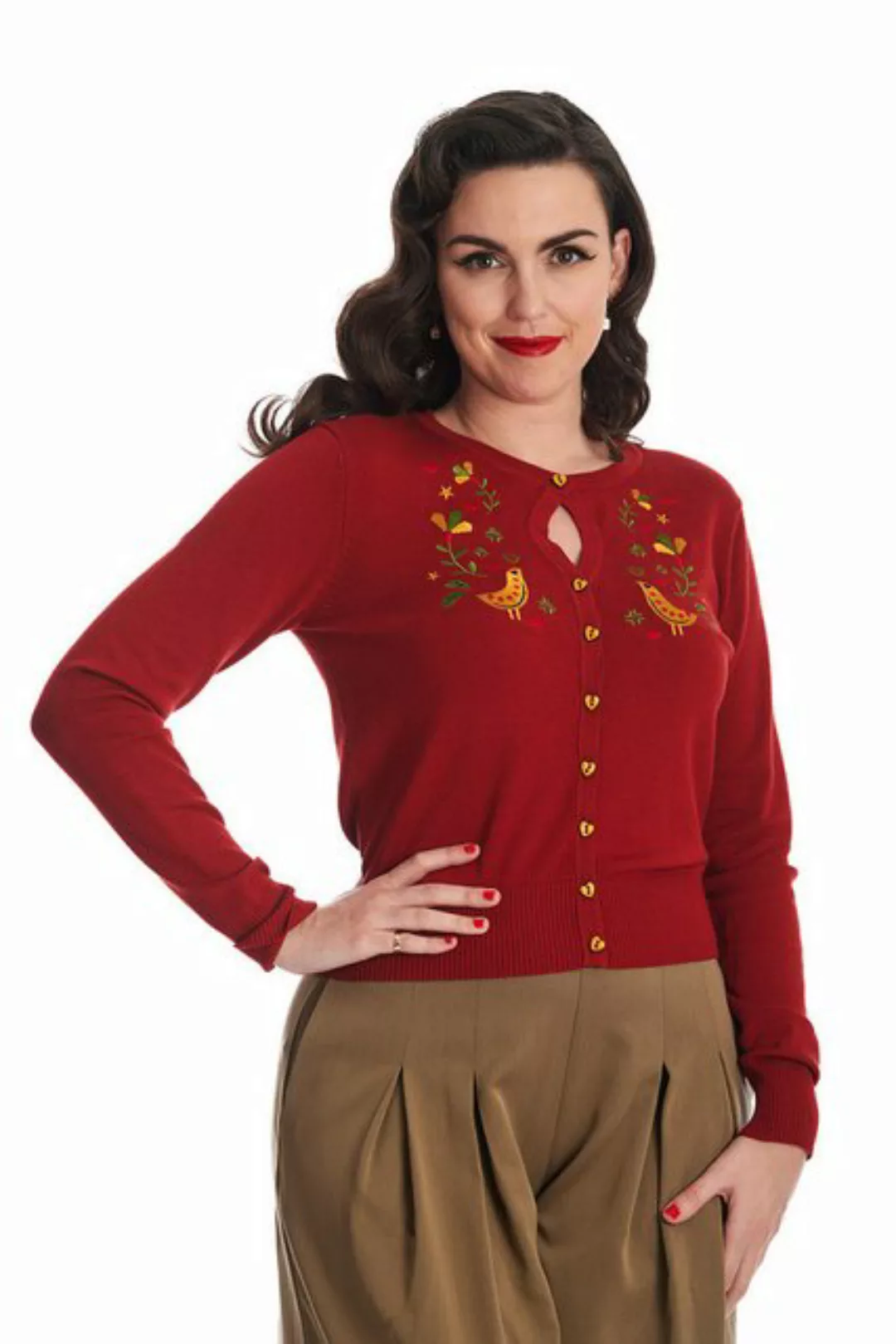 Banned Strickjacke Heritage Birdy Cardigan Rot Rockabilly Vintage Cardigan günstig online kaufen