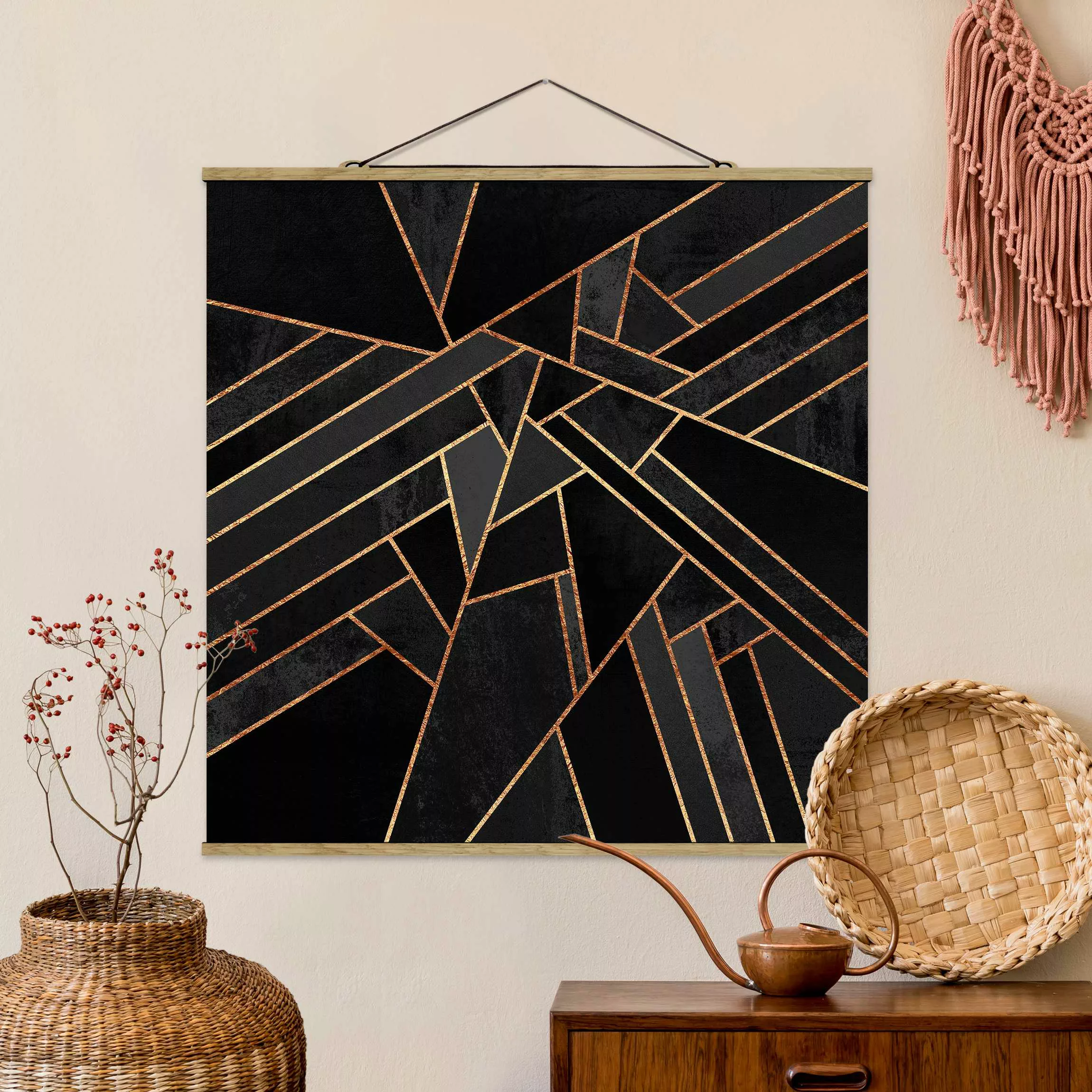 Stoffbild Abstrakt mit Posterleisten - Quadrat Schwarze Dreiecke Gold günstig online kaufen