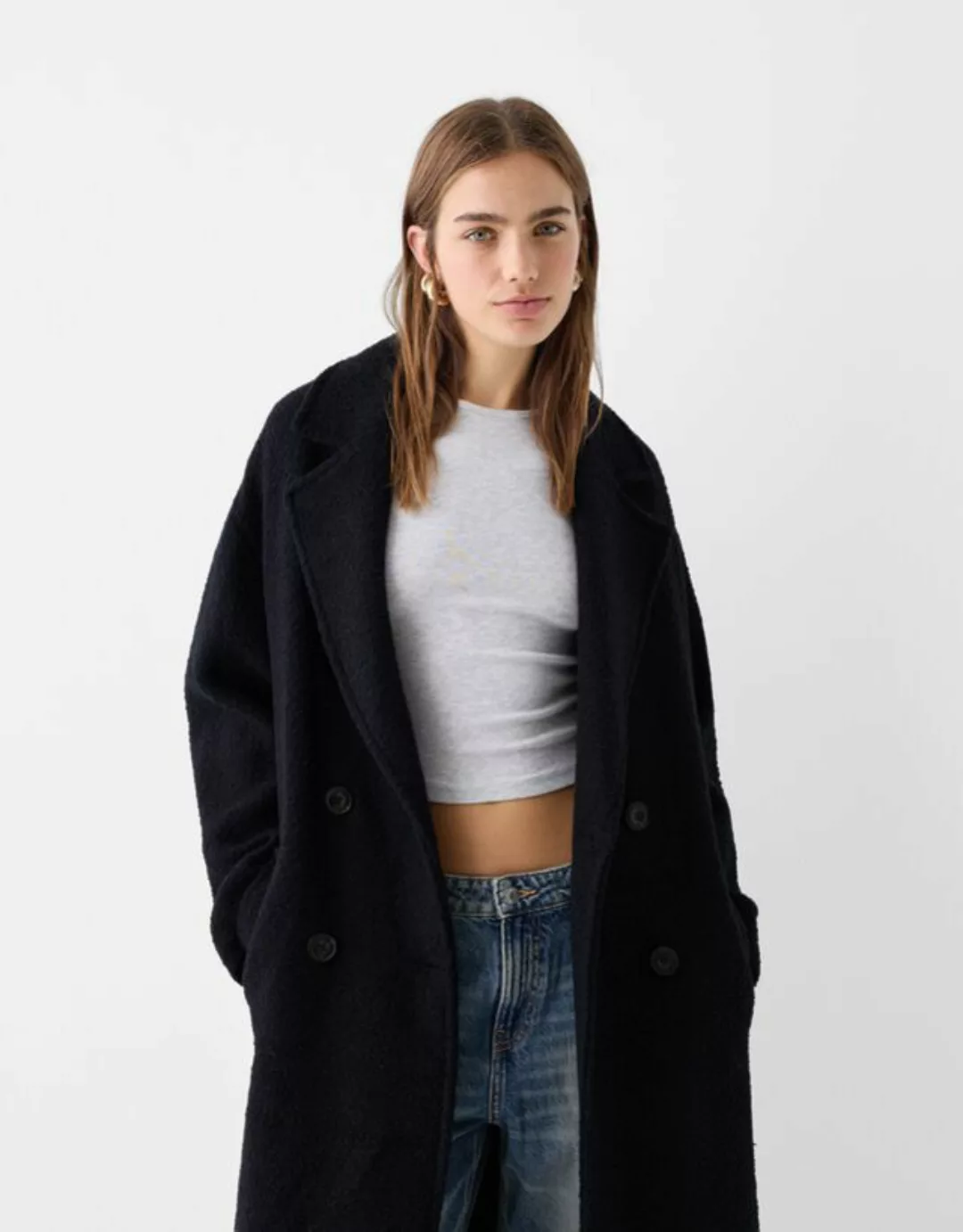 Bershka Langer Zweireihiger Bouclé-Mantel Mit Doppelter Knopfleiste Damen X günstig online kaufen