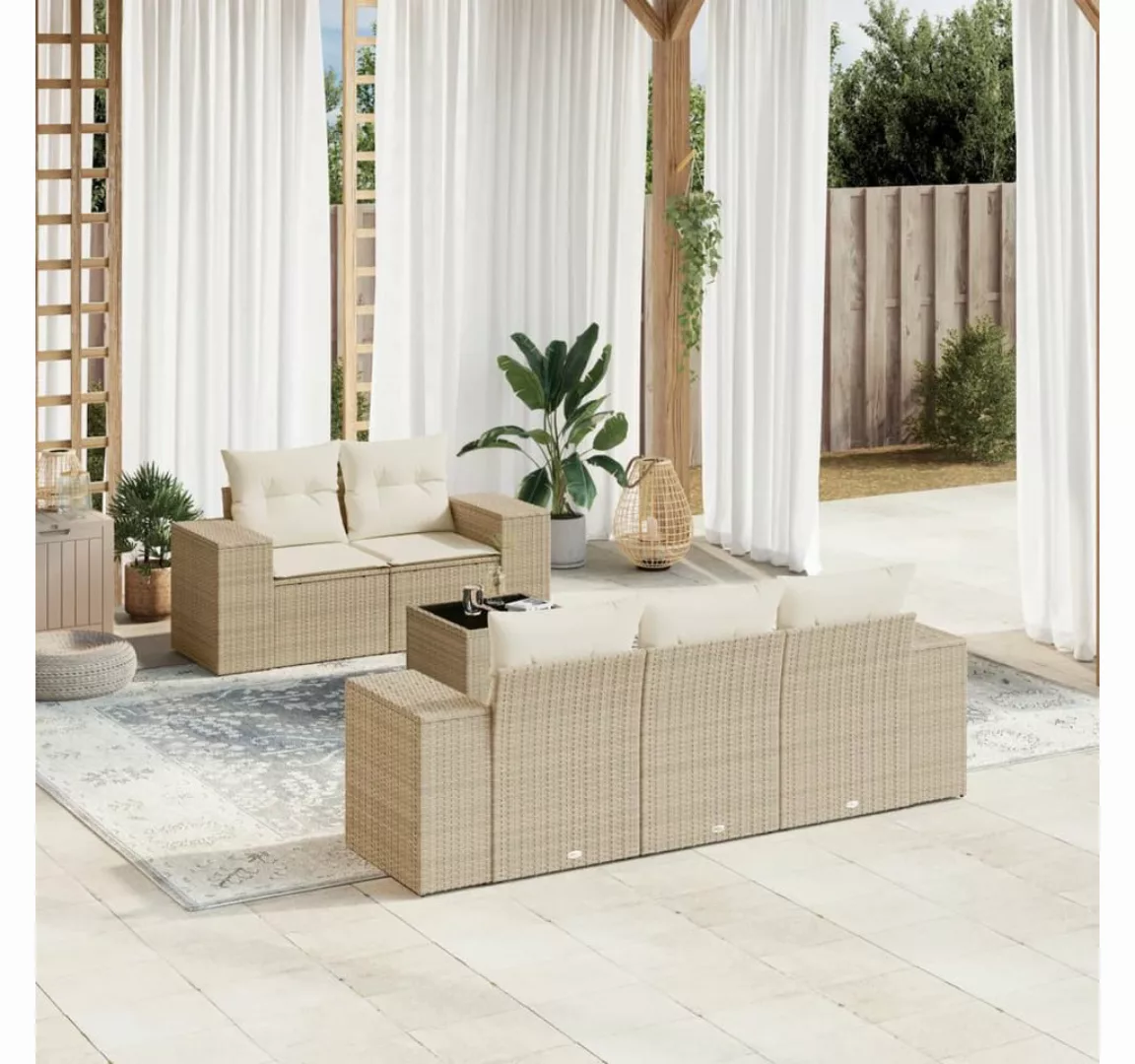 vidaXL Loungesofa 6-tlg. Garten-Sofagarnitur mit Kissen Beige Poly Rattan, günstig online kaufen