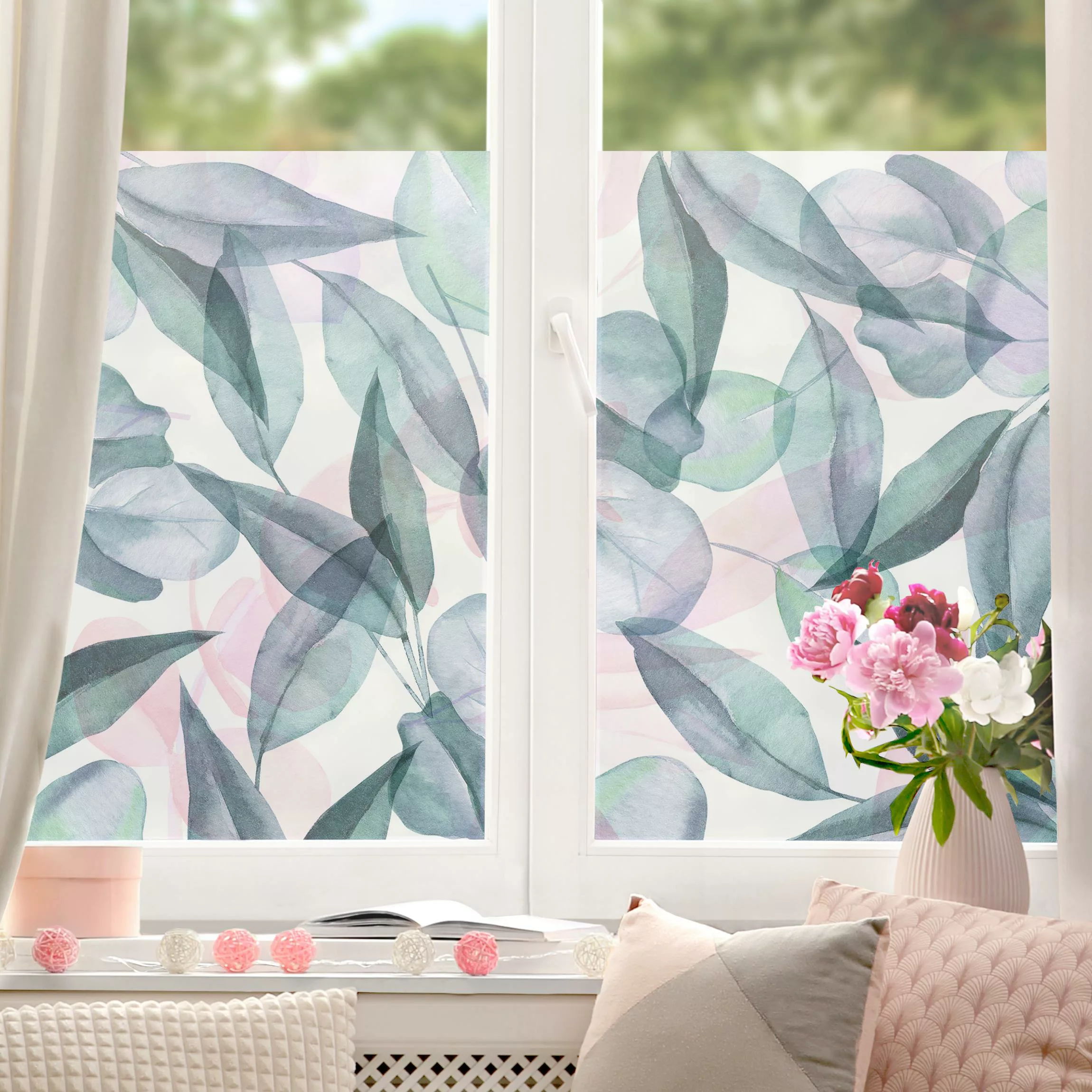 Fensterfolie Blaue und Rosane Eukalyptus Aquarellblätter günstig online kaufen