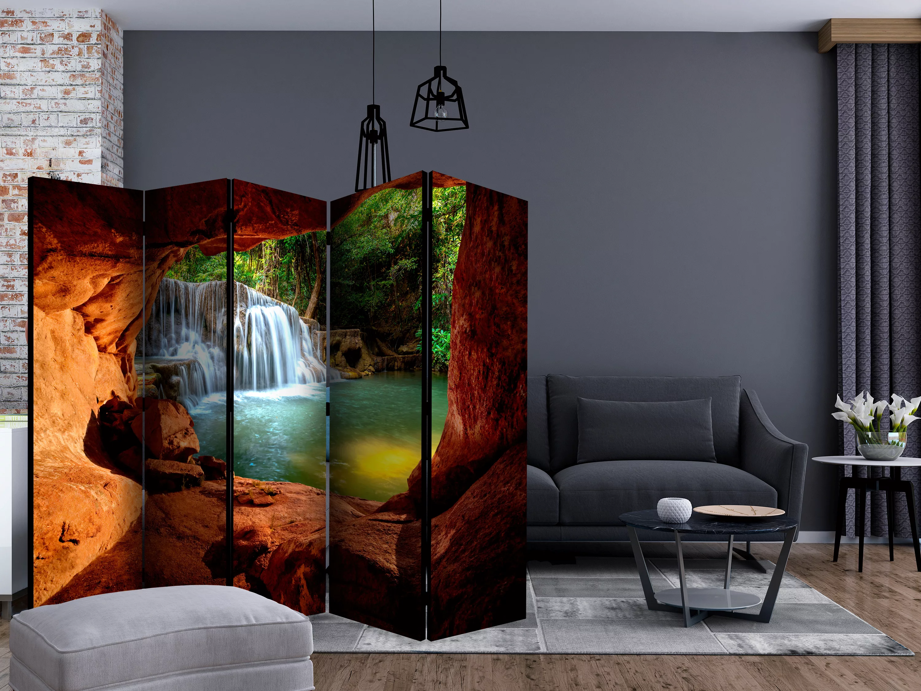 5-teiliges Paravent - Cave: Forest Waterfall Ii [room Dividers] günstig online kaufen