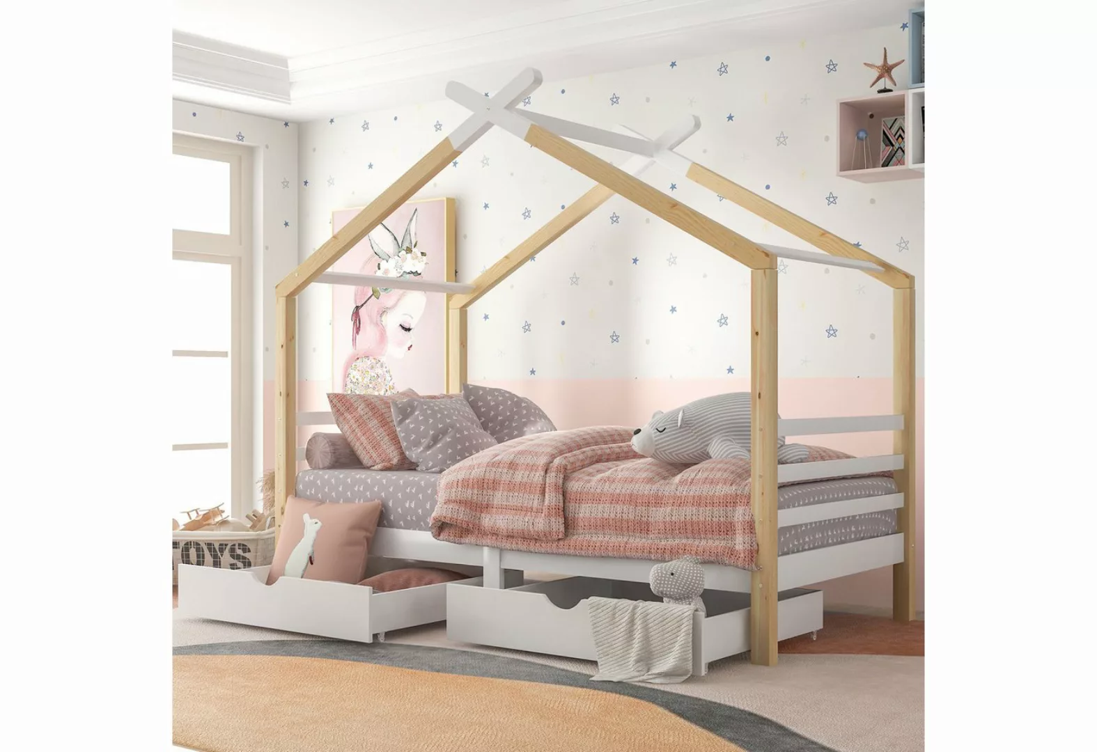 BlingBin Hausbett Kinderbett Einzelbett (Massivholz mit Lattenrost, Kiefern günstig online kaufen