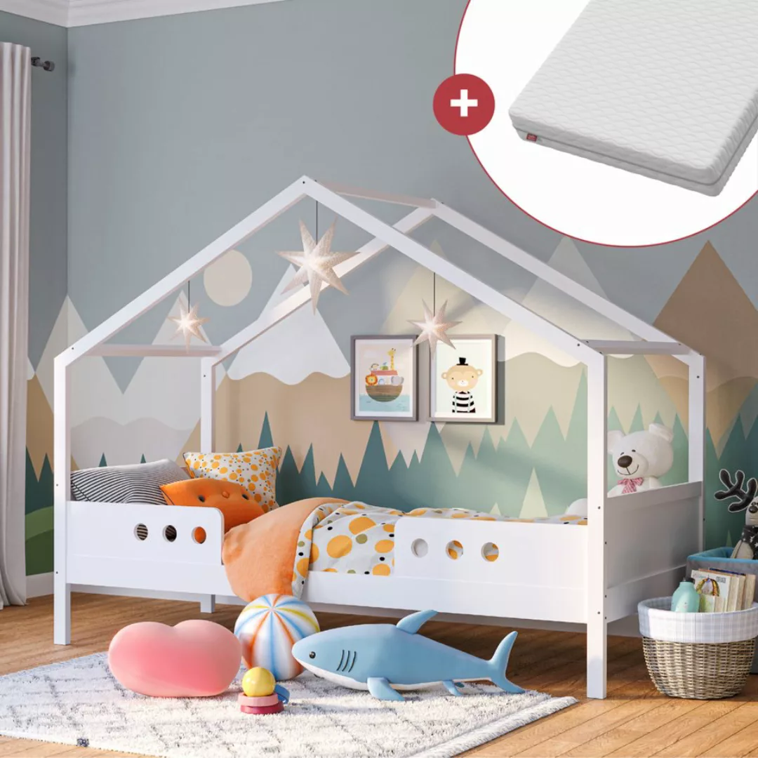 Bellabino Hausbett Bela (Kinderbett 90x200 cm, weiß mit Matratze), inkl. Ra günstig online kaufen