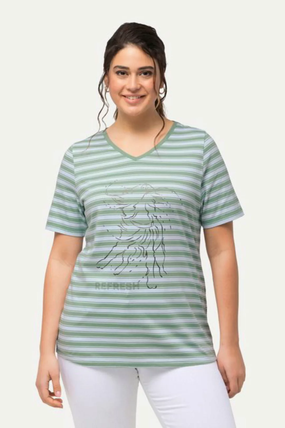 Ulla Popken Rundhalsshirt T-Shirt Ringel Metallic-Tiermotiv V-Ausschnitt günstig online kaufen