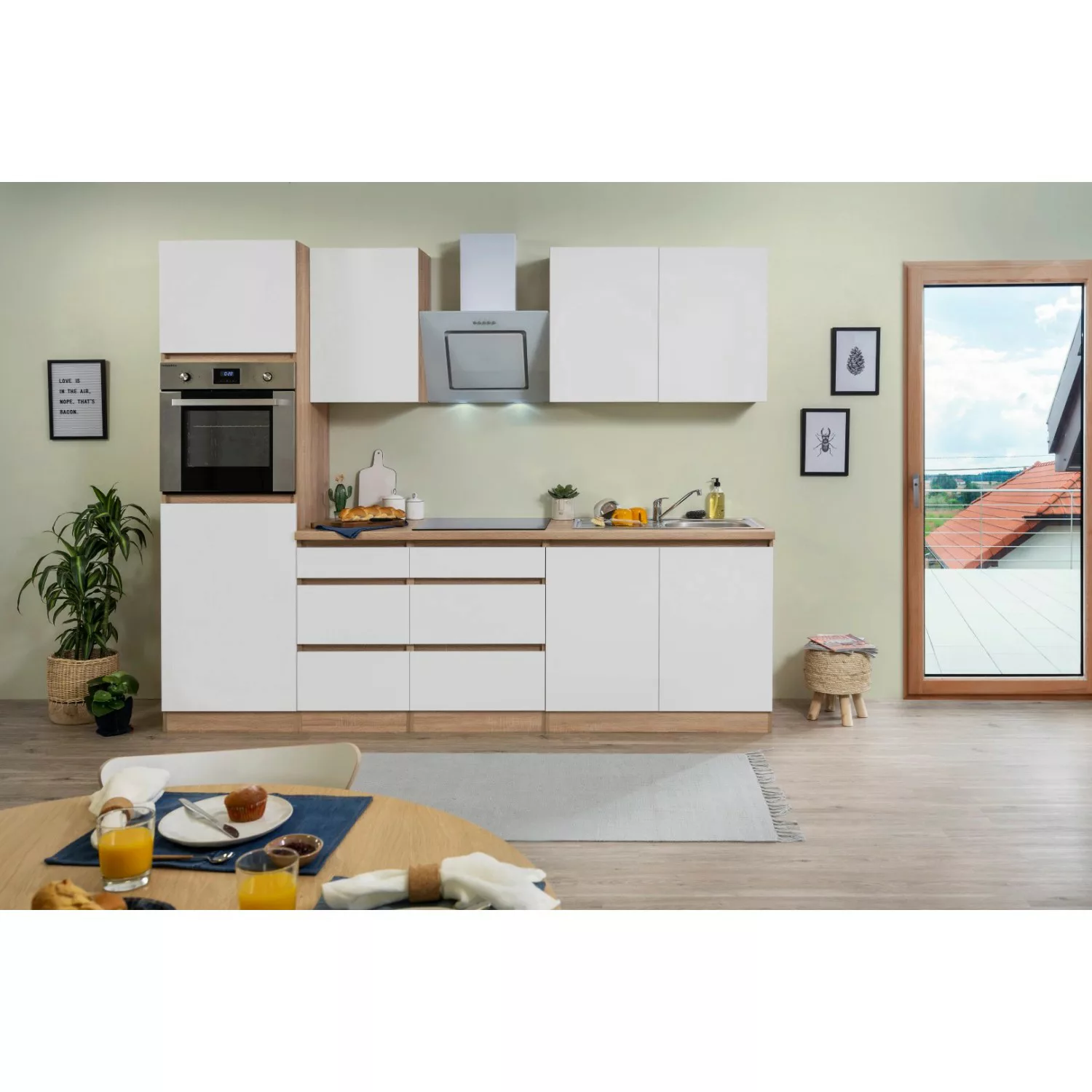 Respekta Küchenzeile ohne E-Geräte 270 cm Grifflos Weiß Matt-Eiche Sägerau günstig online kaufen