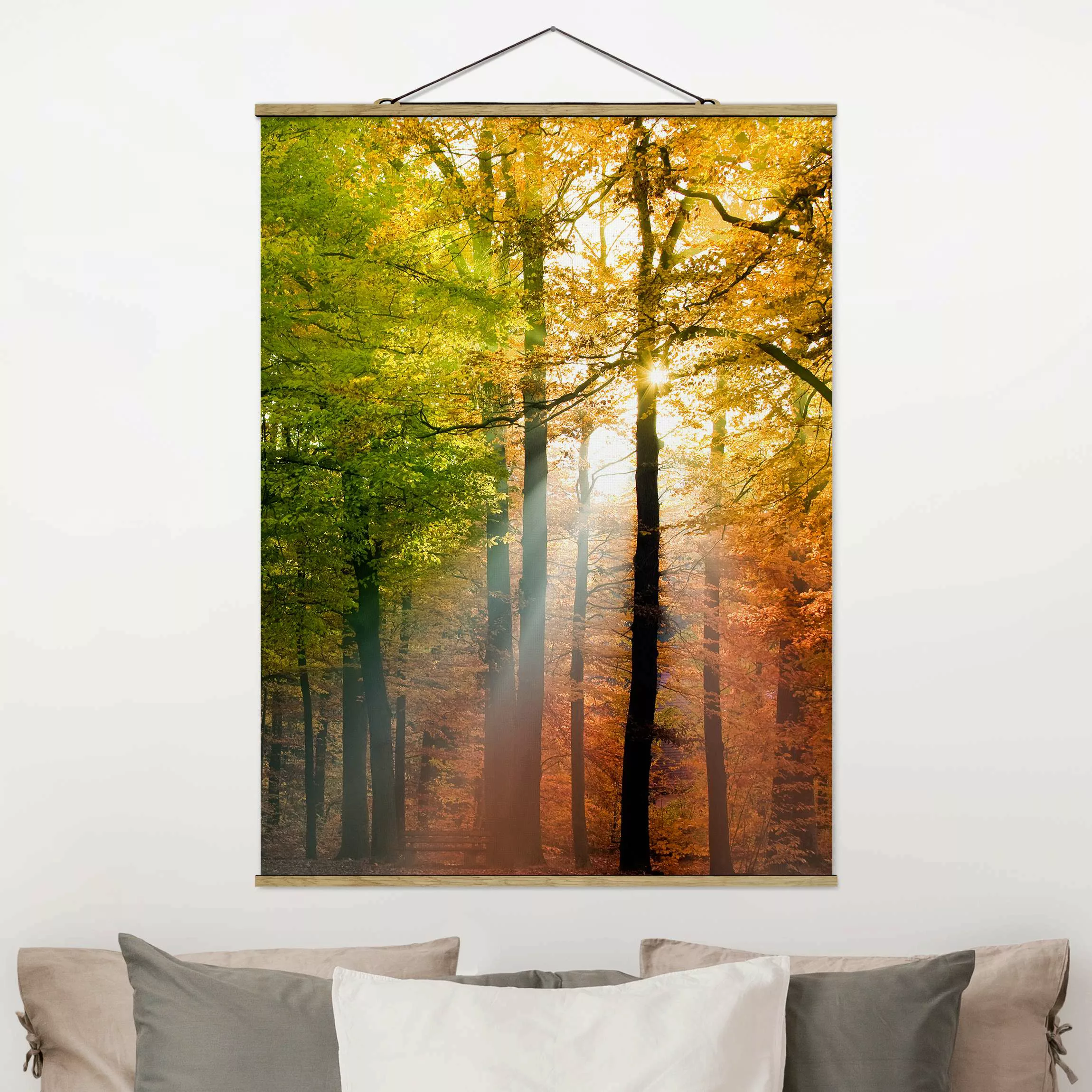 Stoffbild Wald mit Posterleisten - Hochformat Morning Light günstig online kaufen