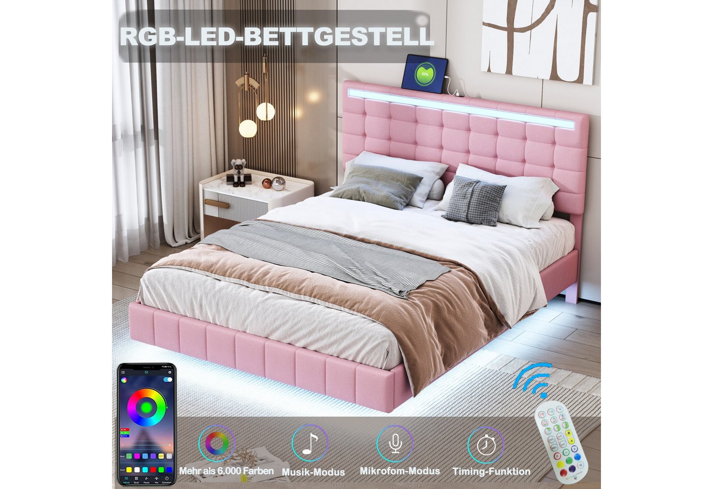 Nebelmeer Bettgestell Polsterbett, gepolstertes Float-Bettgestell mit LED-L günstig online kaufen