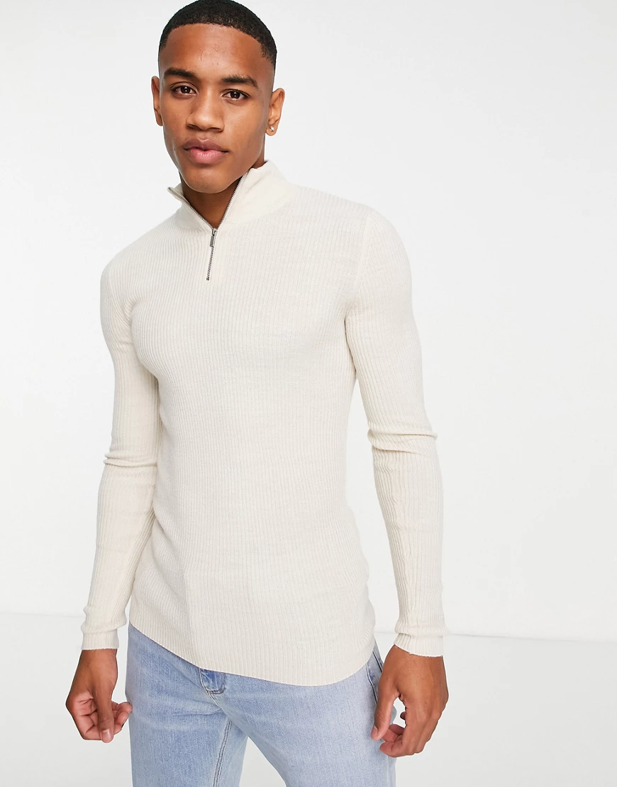 ASOS DESIGN – Gerippter Strickpullover in Hellbeige mit Muskelshirt-Schnitt günstig online kaufen