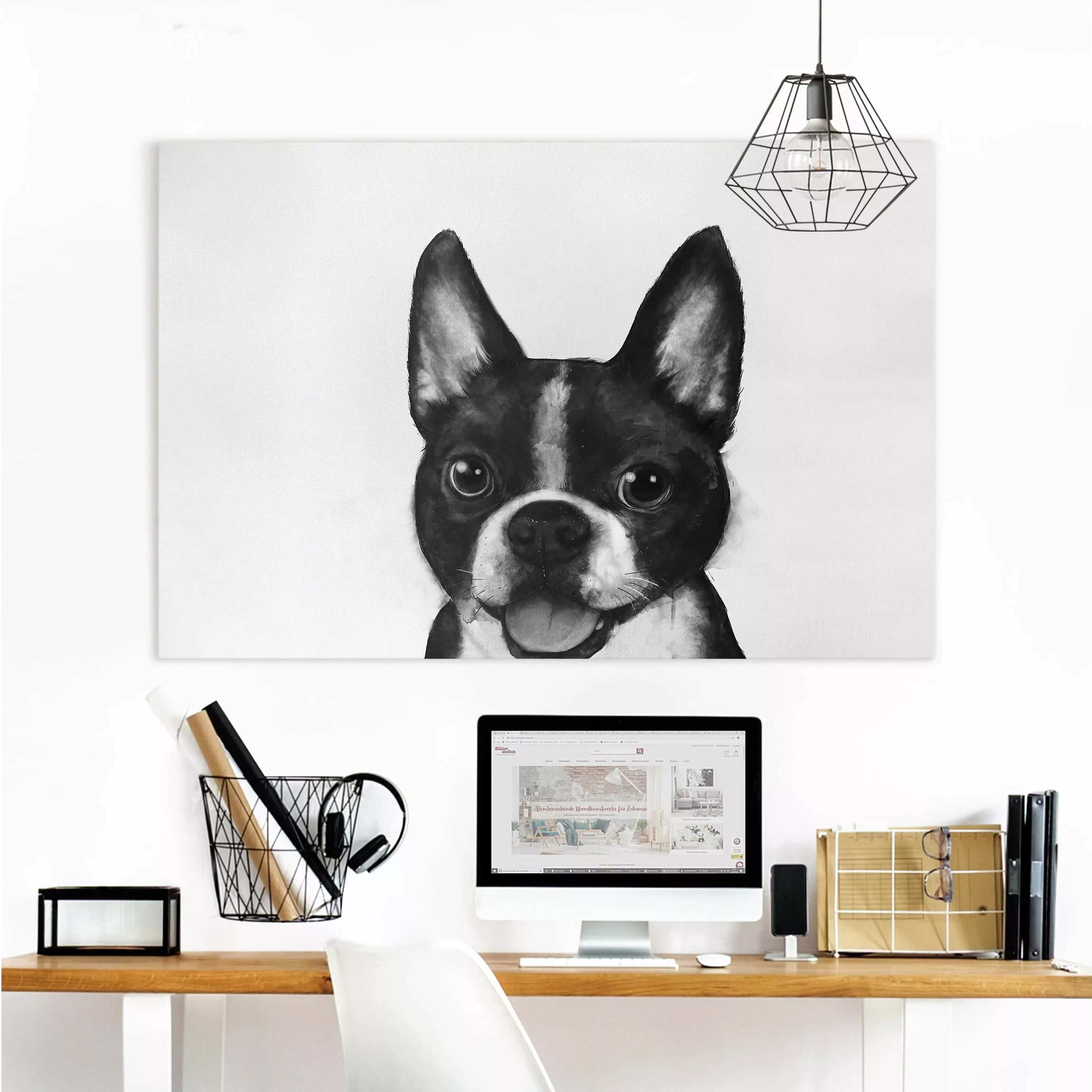 Leinwandbild Tiere - Querformat Illustration Hund Boston Schwarz Weiß Maler günstig online kaufen