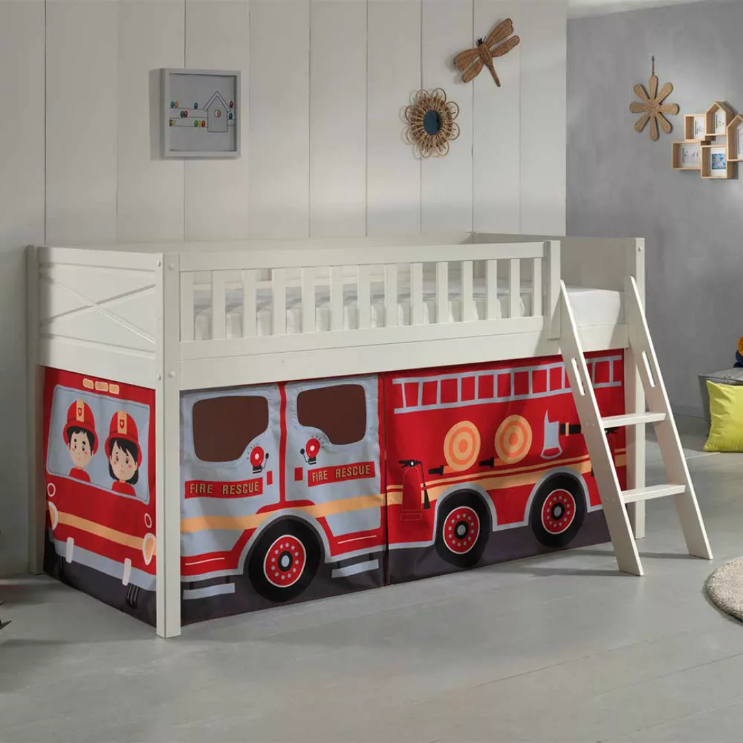 Kinderhochbett mit Vorhang aus Kiefer Massivholz Feuerwehr Motiv günstig online kaufen